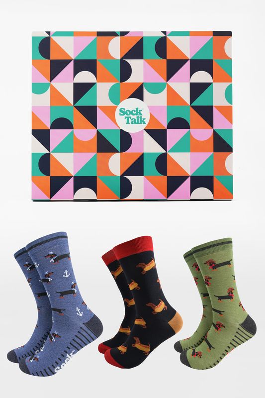 Men's Bamboo Crew Socks Trio Gift Set - Multi, Sausage Dog Adventures
