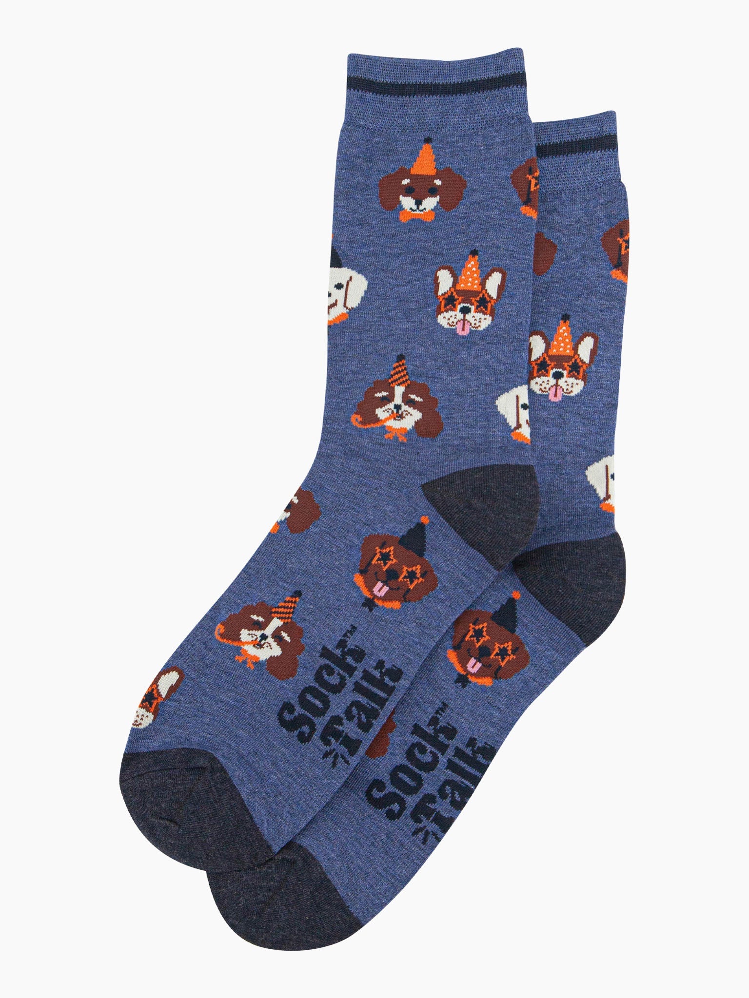 mens-bamboo-socks-denim-blue-party-dogs-funny-cartoon-faces-party-hats