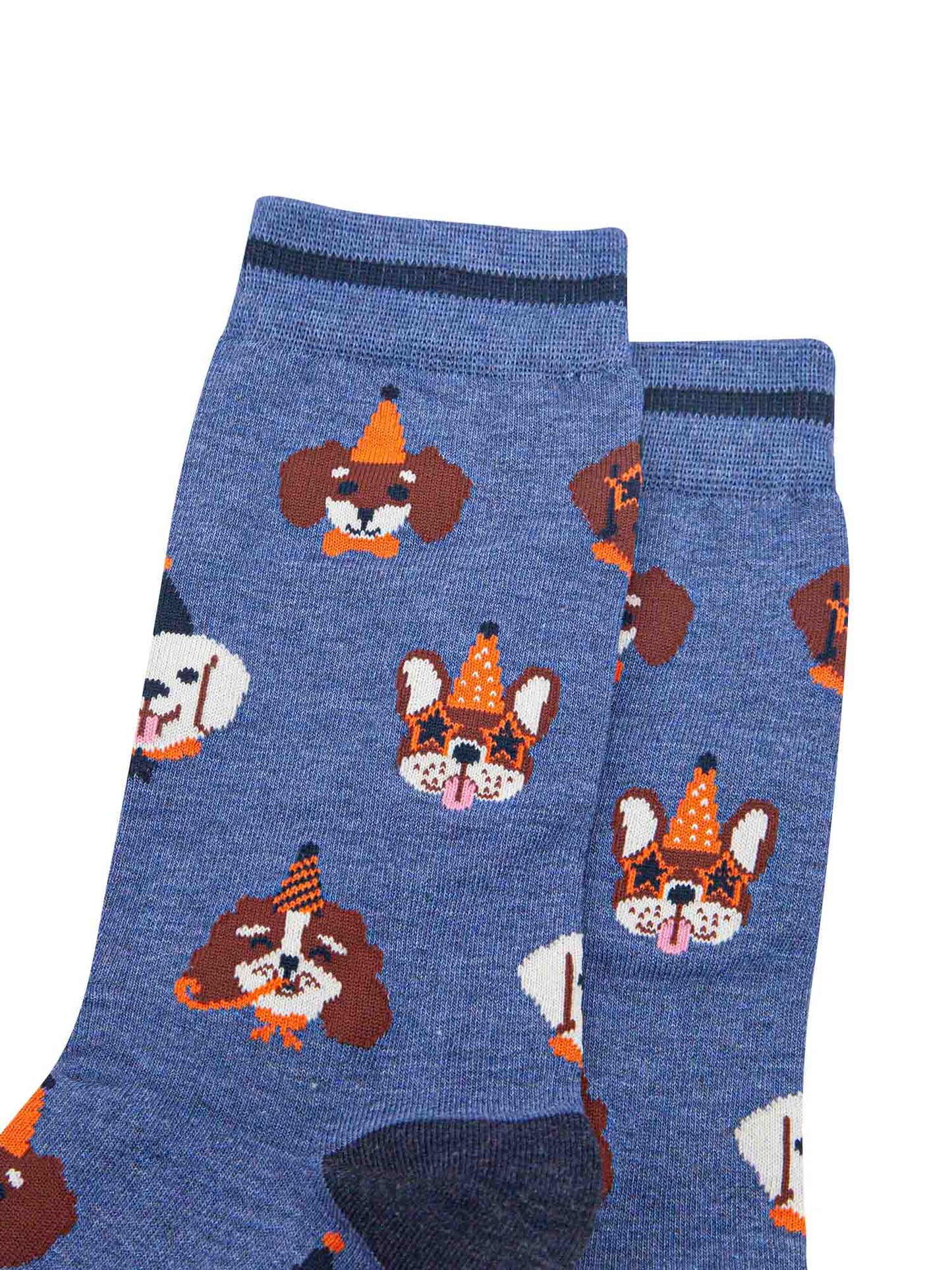 mens-bamboo-socks-denim-blue-party-dogs-close-up-orange-party-hats-novelty-sunglasses-worn-cartoon-dog-faces