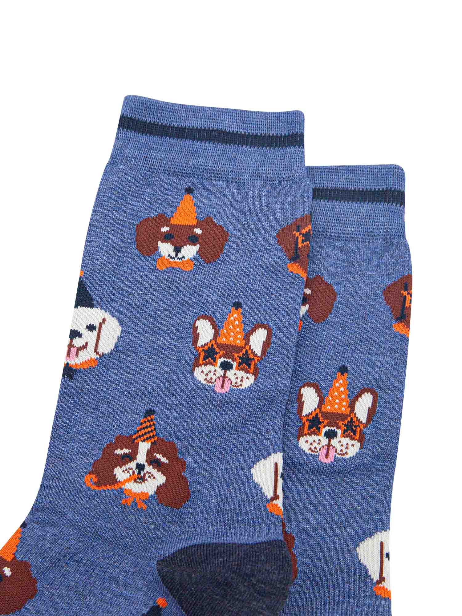 mens-bamboo-socks-denim-blue-party-dogs-close-up-orange-party-hats-novelty-sunglasses-worn-cartoon-dog-faces