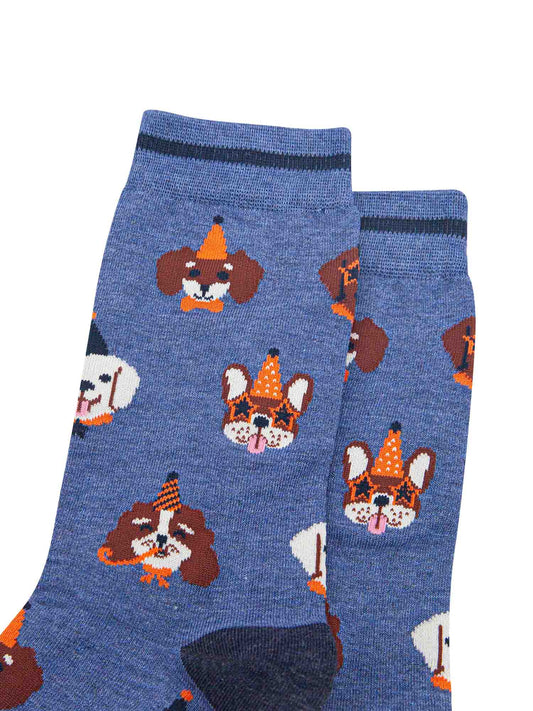 mens-bamboo-socks-denim-blue-party-dogs-close-up-orange-party-hats-novelty-sunglasses-worn-cartoon-dog-faces