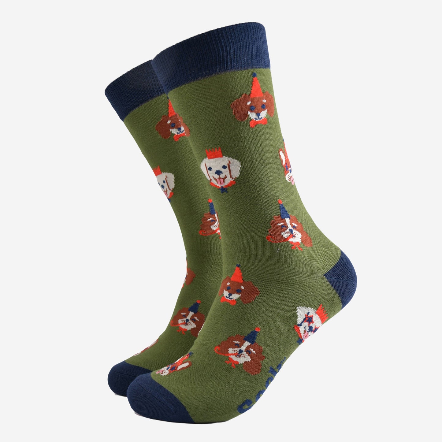 green crew socks with an all over pattern of dogs wearing party hats