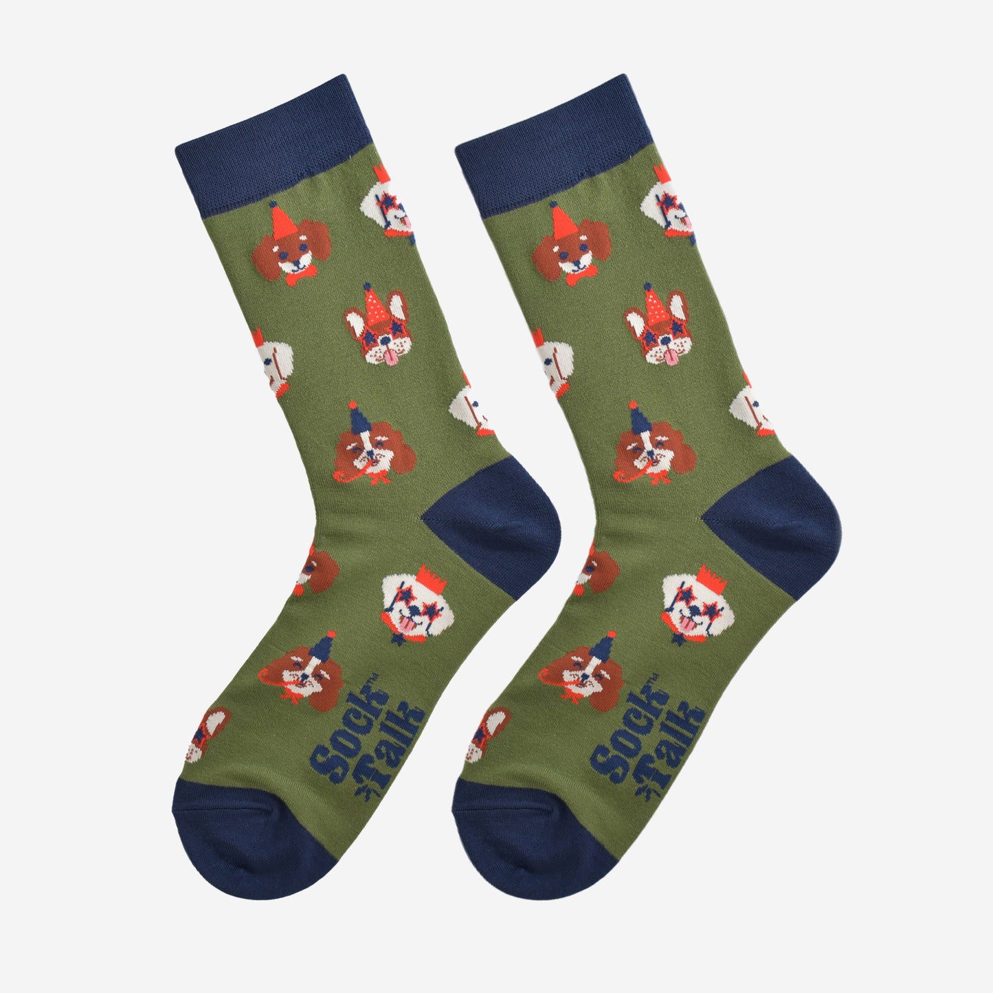 green and navy blue dog socks laying flat, showing the all over pattern of dogs wearing party hats