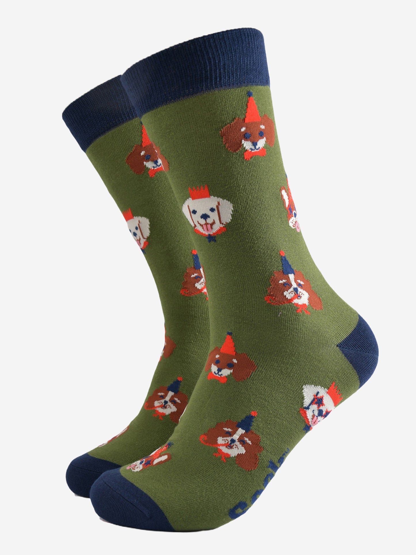 green crew socks with an all over pattern of dogs wearing party hats