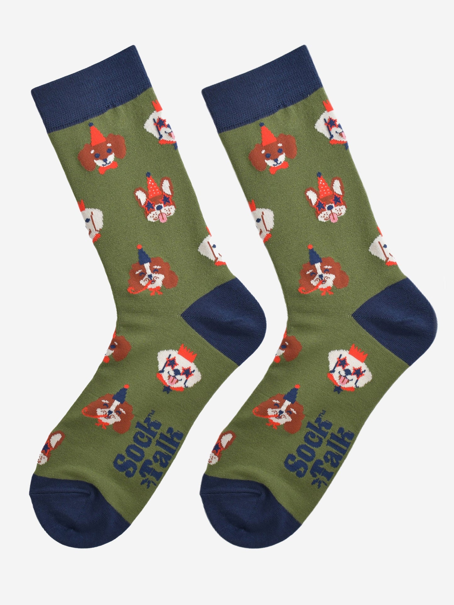 green and navy blue dog socks laying flat, showing the all over pattern of dogs wearing party hats