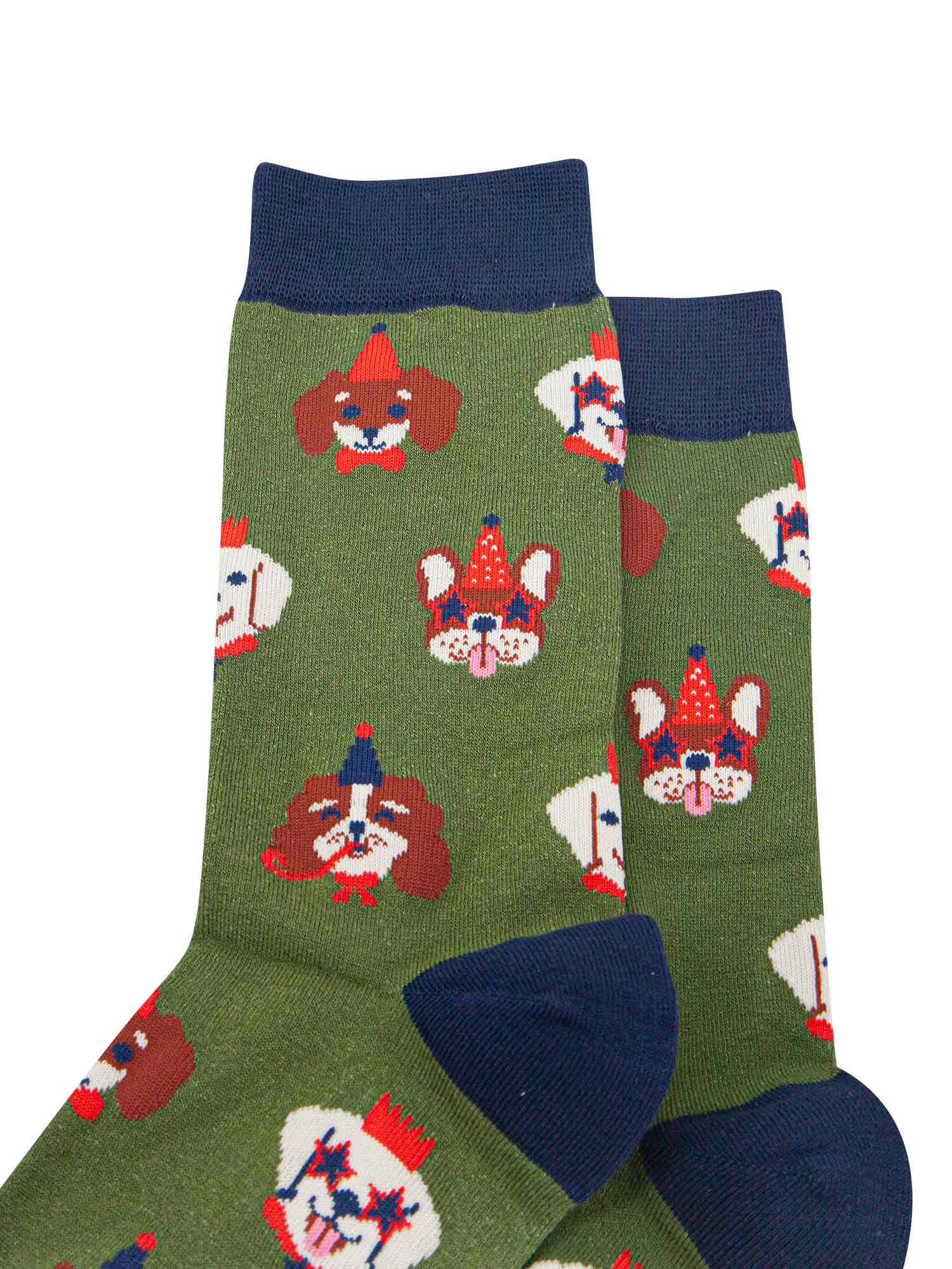 close up of the dog faces on the socks, showing in detail the party hats, glasses and accessories they are wearing