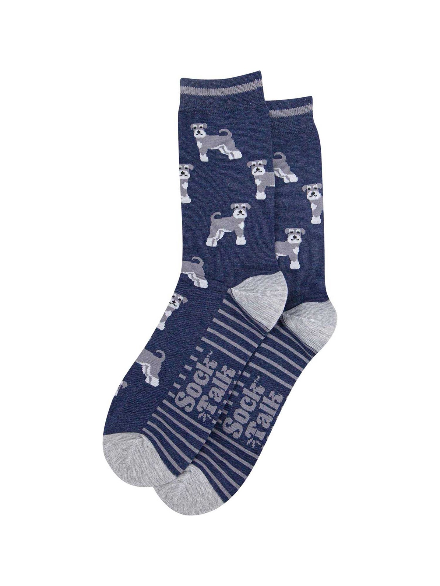 mens-bamboo-socks-navy-schnauzer-laying-flat-dog-pattern-repeats-striped-sole