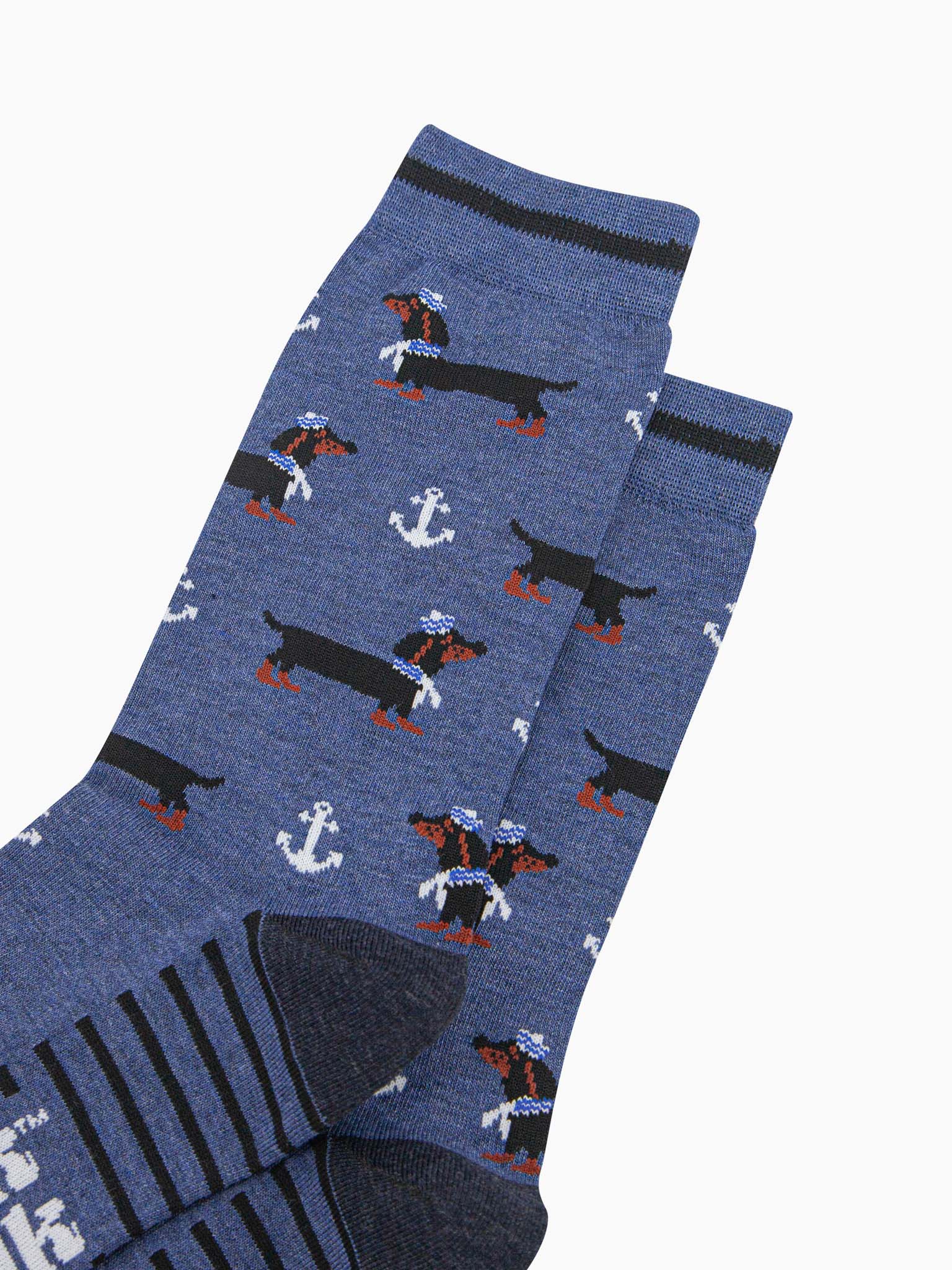 mens-bamboo-socks-denim-blue-sausage-dog-sailor-anchor-close-up-black-dachshunds-nautical