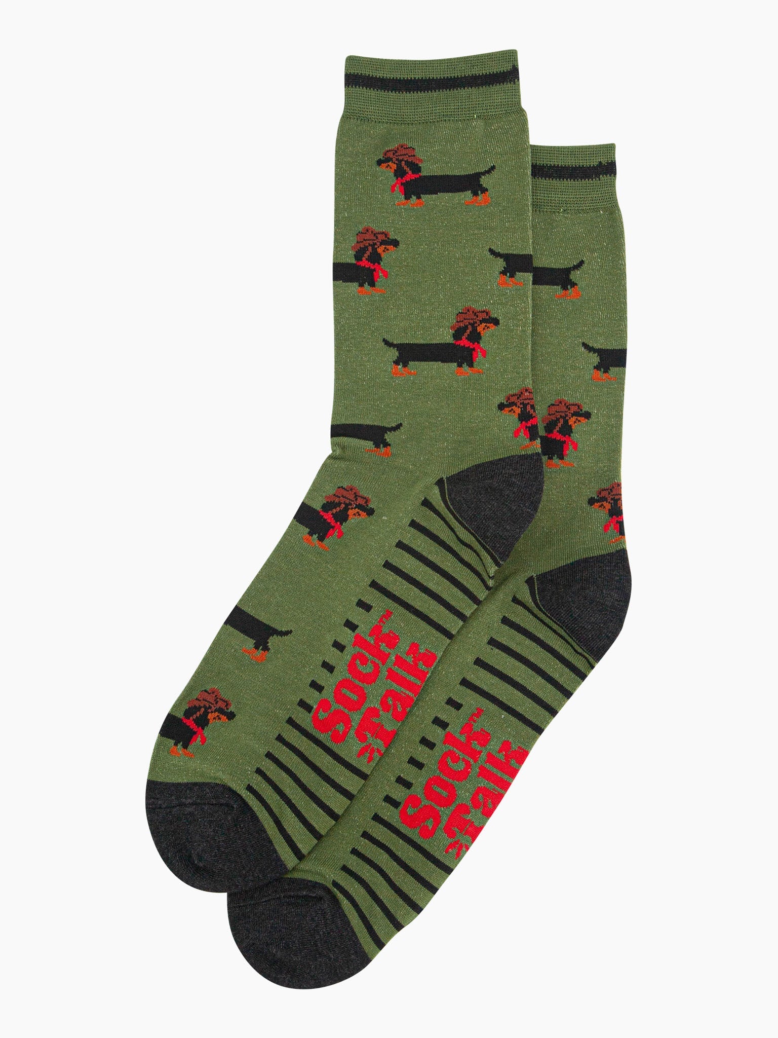 mens-bamboo-socks-green-sausage-dog-cowboy-laying-flat