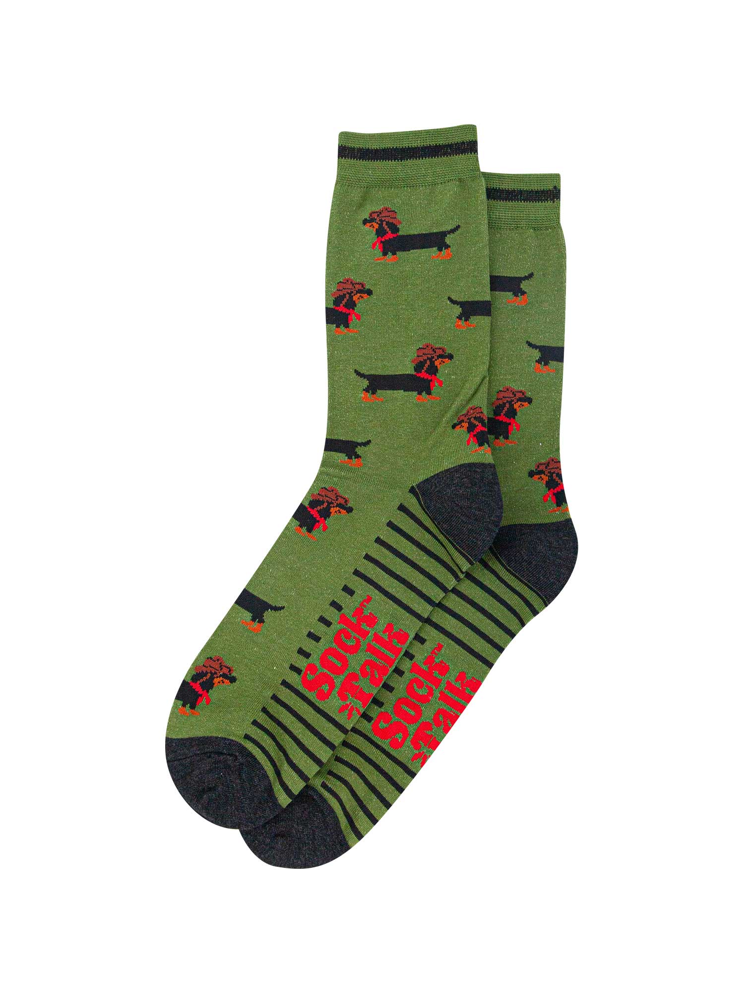 mens-bamboo-socks-green-sausage-dog-cowboy-laying-flat