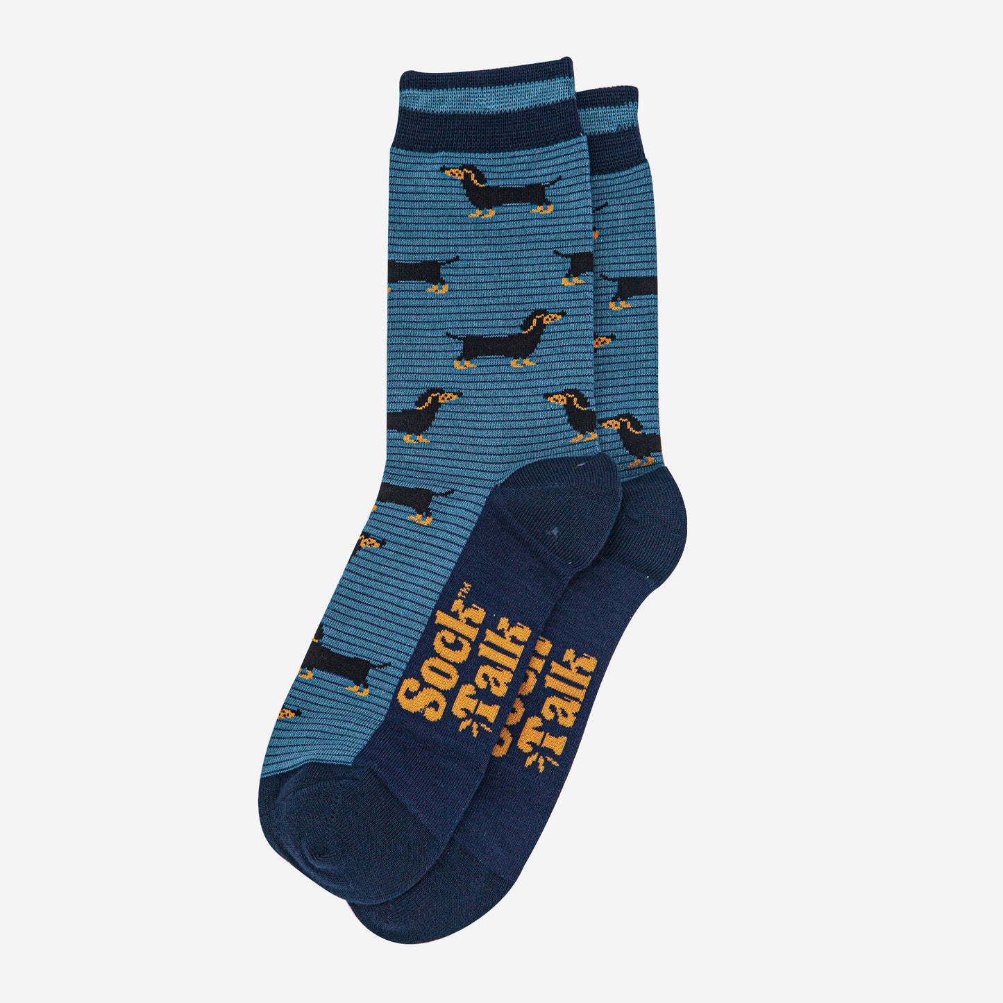 mens-bamboo-socks-denim-blue-navy-blue-sausage-dog-stripes-laying-flat