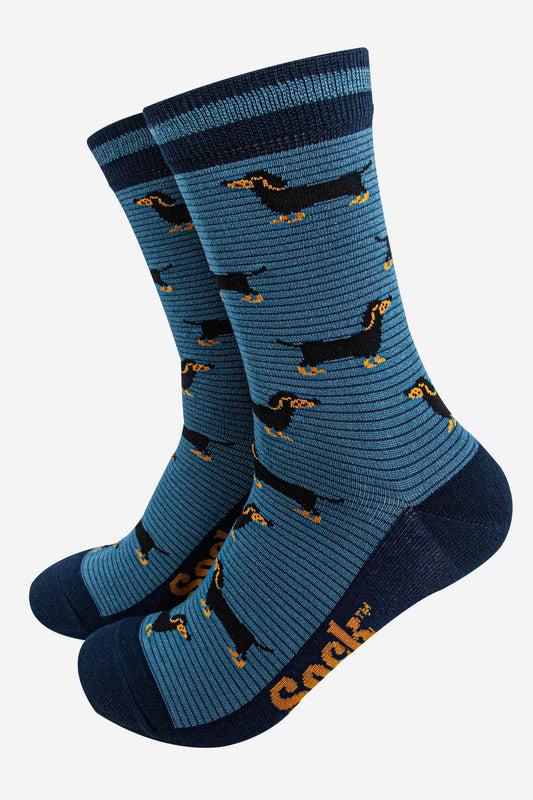 mens-bamboo-socks-denim-blue-navy-blue-sausage-dog-stripes-dachshunds