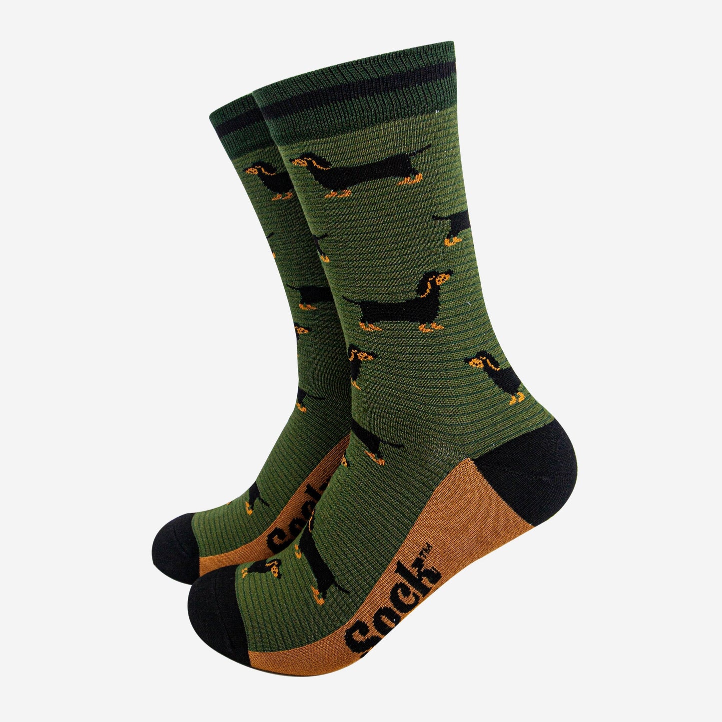 mens-bamboo-socks-khaki-dark-green-sausage-dog-stripes-dachshunds