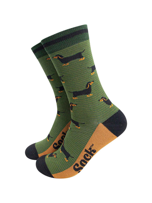mens-bamboo-socks-khaki-dark-green-sausage-dog-stripes-dachshunds
