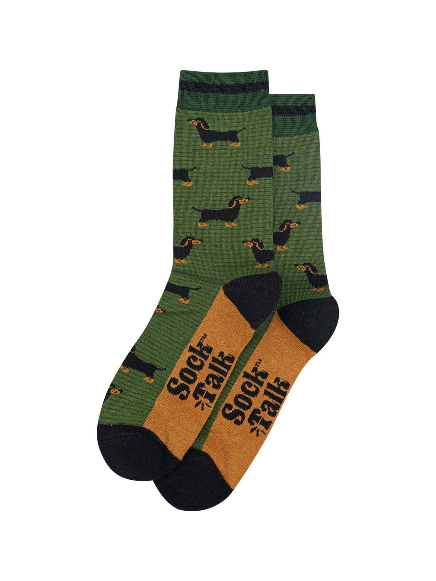 mens-bamboo-socks-khaki-dark-green-sausage-dog-stripes-laying-flat