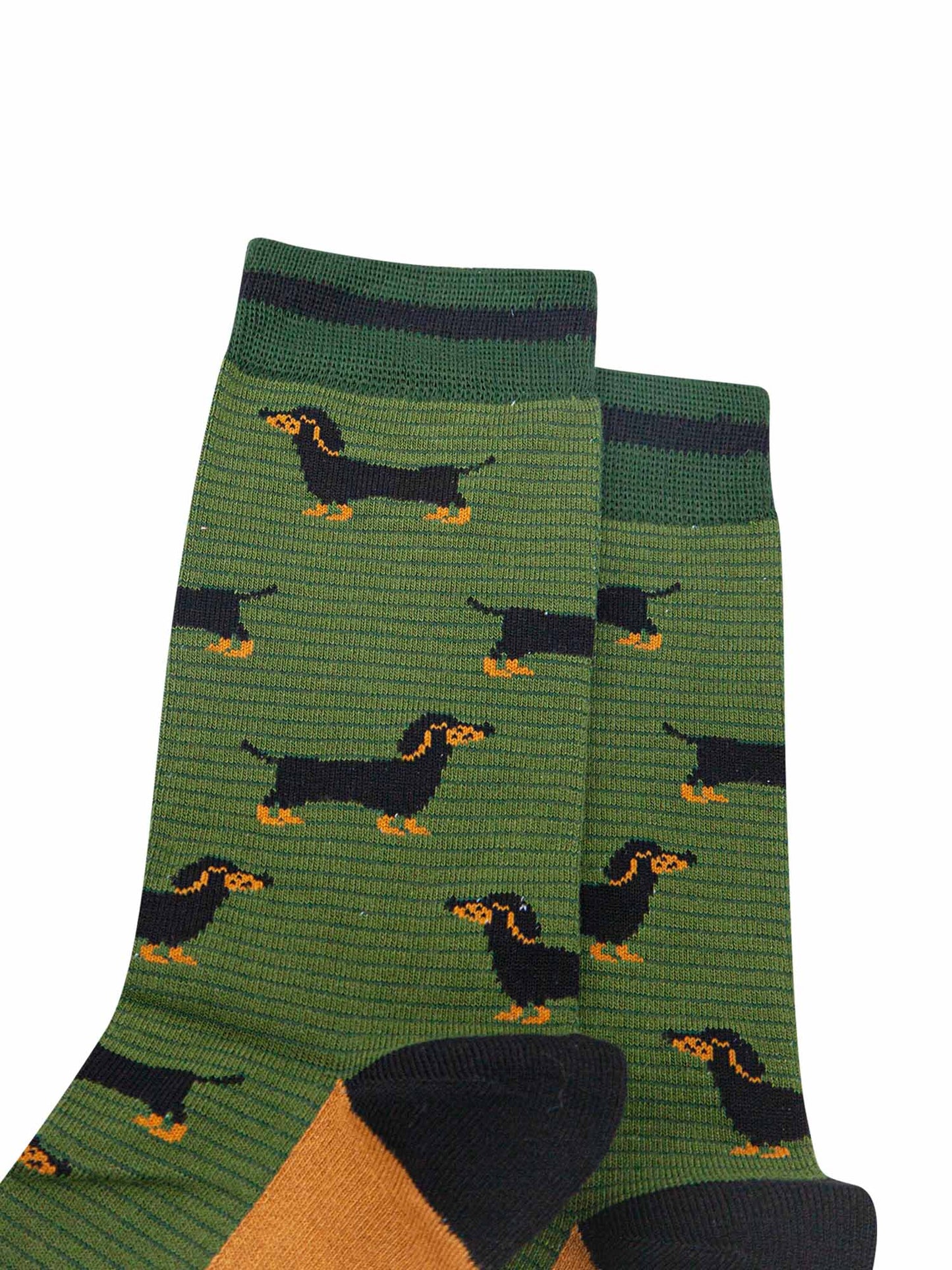 mens-bamboo-socks-khaki-dark-green-sausage-dog-stripes-close-up