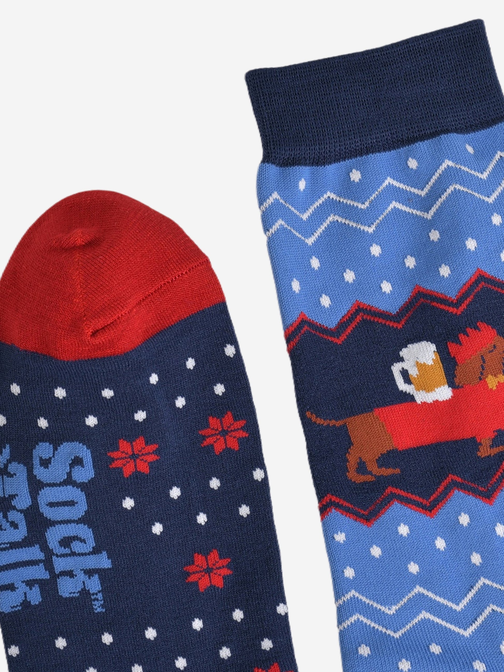 showing the cuff and toe of the socks, the cuff is navy blue and the toe is red, both colours are in keeping with the colours used in the rest of the sock design