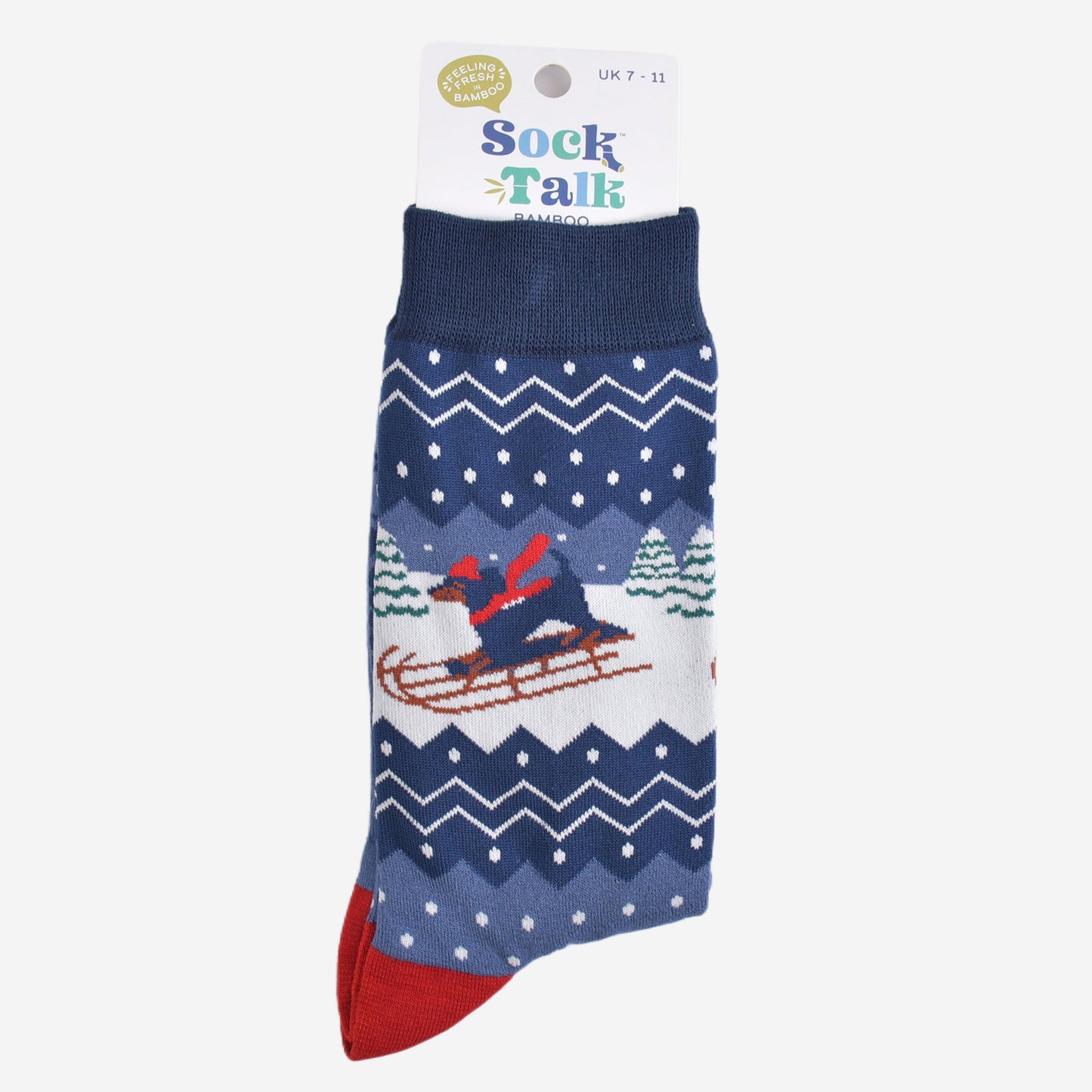 sledging sausage dog bamboo socks in their sock talk packaging, these socks are a uk size 7-11