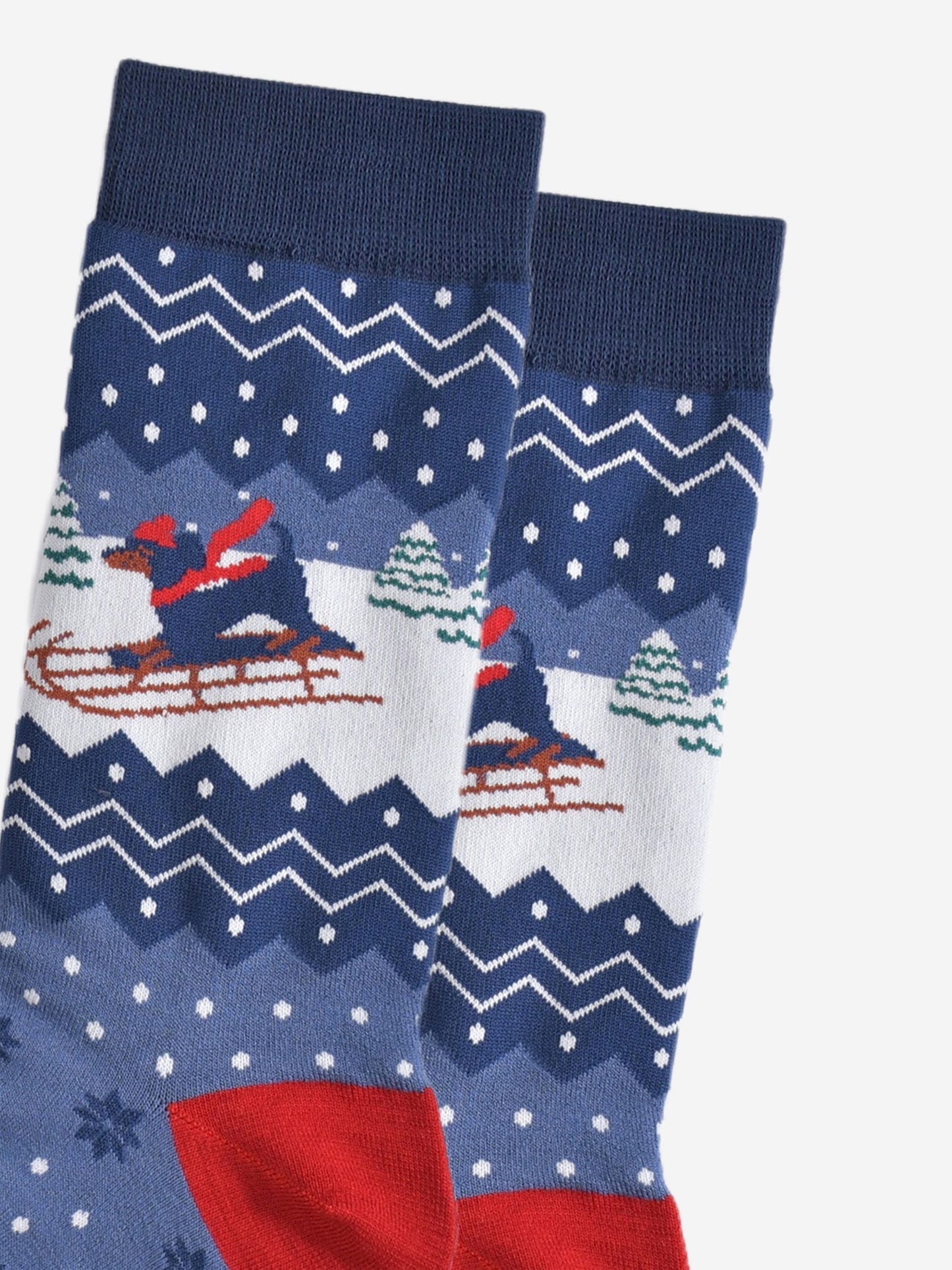 close up of the sledging sausage dog on the ankle of the socks, the dog is wearing a red hat and scarf and there are snow covered christmas trees in the background