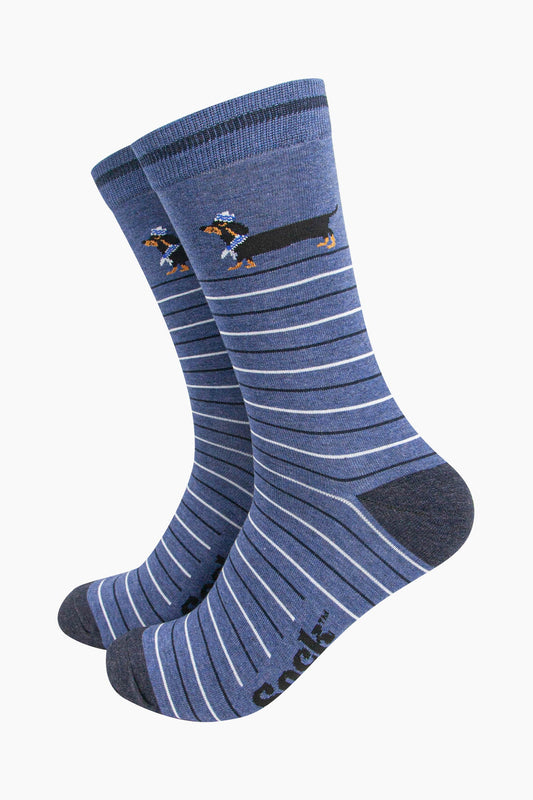 mens-bamboo-socks-denim-blue-sausage-dog-sailor-stripe-dachshund-on-ankle-nautical