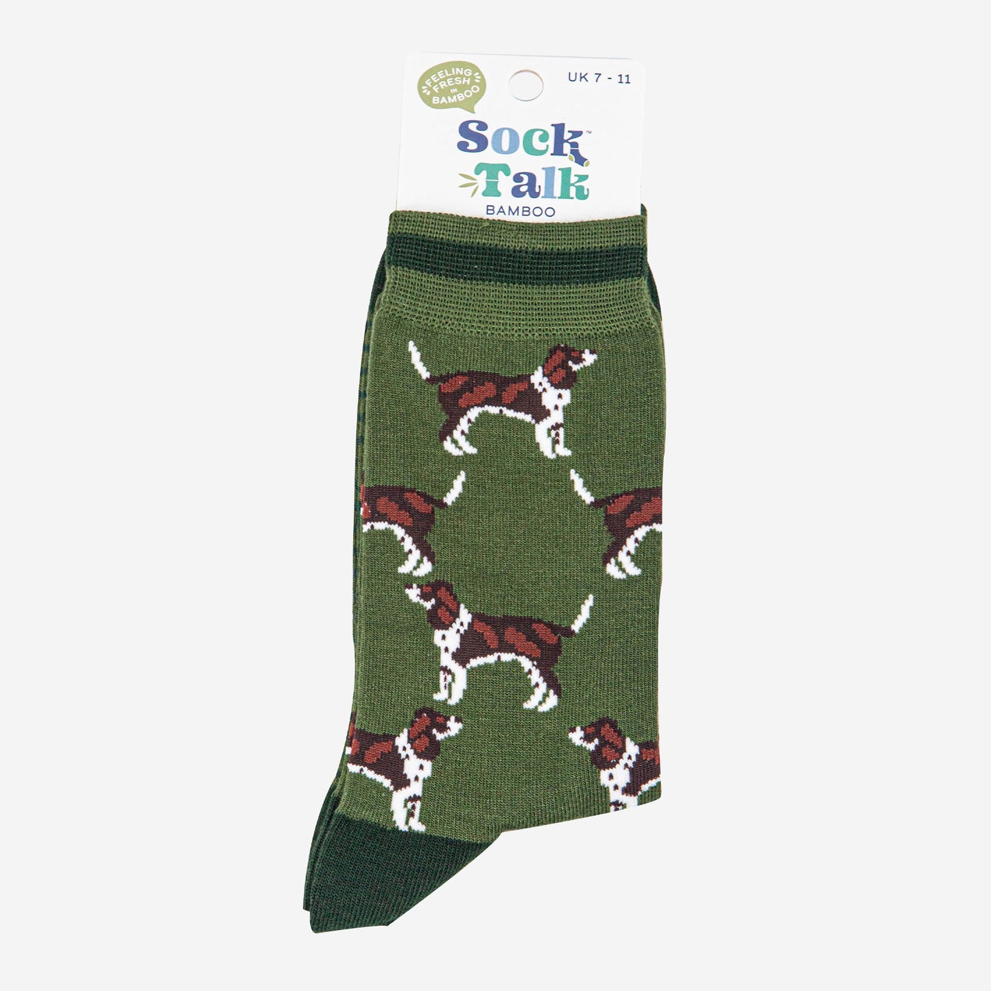 mens-bamboo-socks-khaki-dark-green-cocker-spaniel-in-sock-talk-packaging