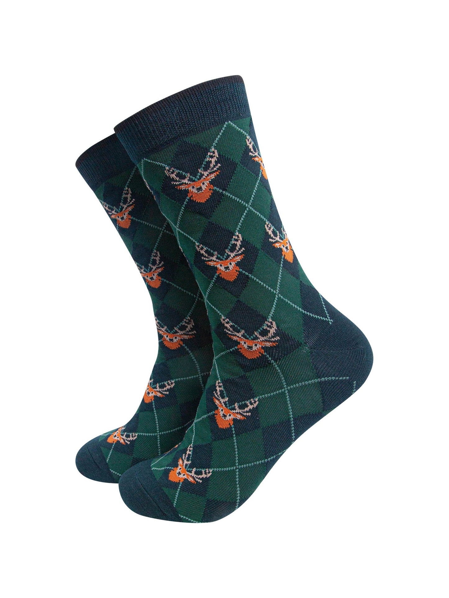 Stag-Argyle-Men's-Bamboo-Socks-in-Forest-Green-On-Mannequin
