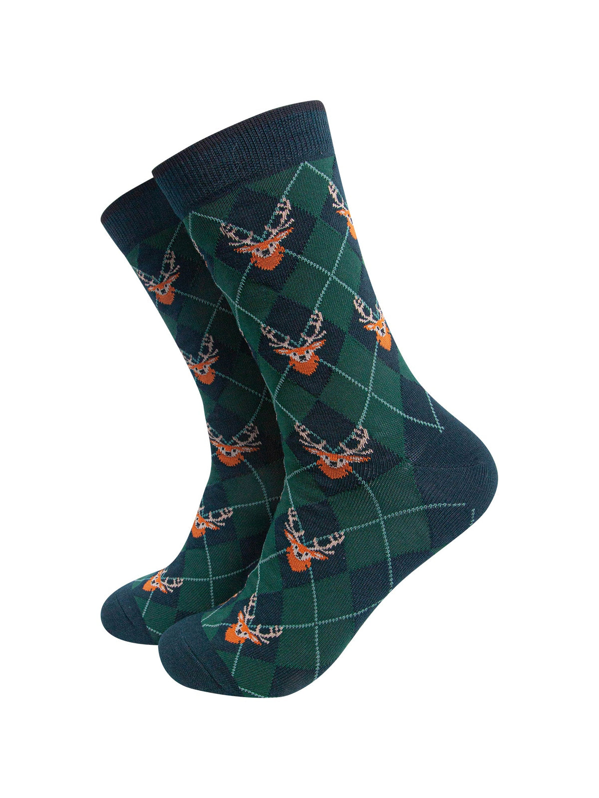 Stag-Argyle-Men's-Bamboo-Socks-in-Forest-Green-On-Mannequin