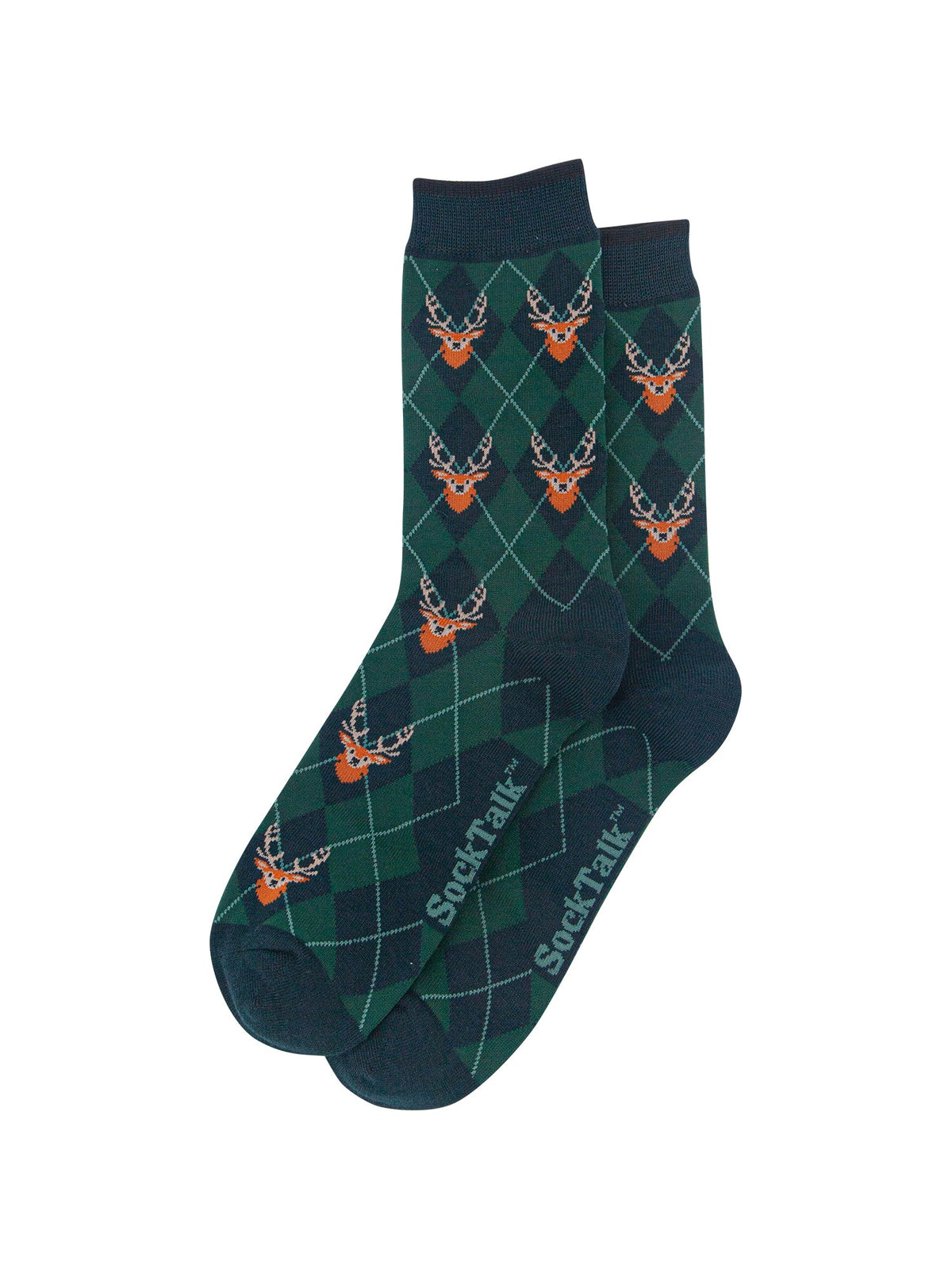 Stag-Argyle-Men's-Bamboo-Socks-in-Forest-Green-Laid-Flat