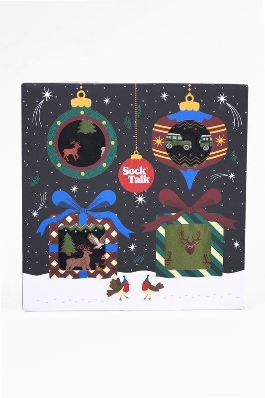 Men's Bamboo Crew Socks Festive Gift Set - Black/Green, Stag & Friends