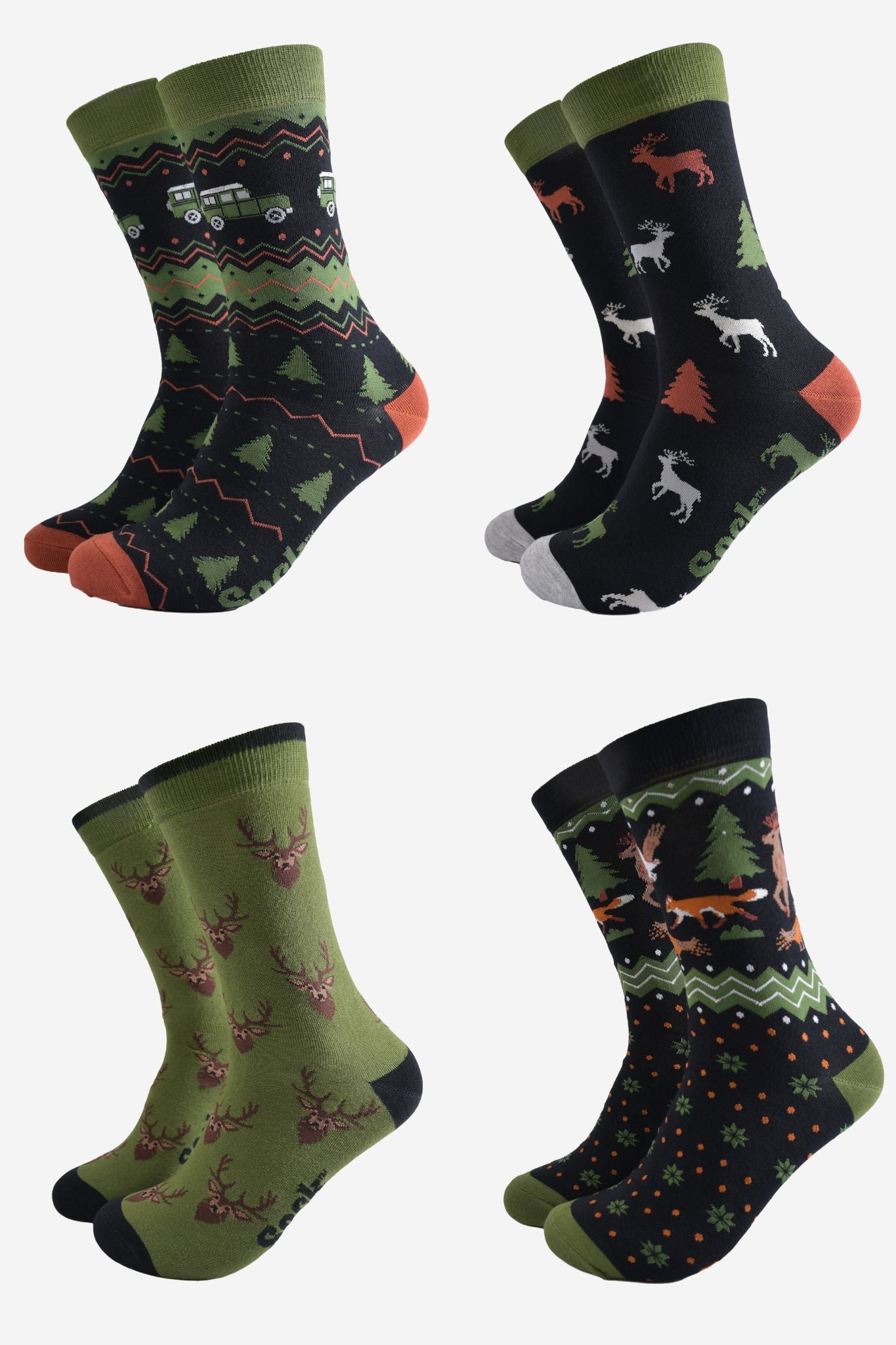 Men's Bamboo Crew Socks Festive Gift Set - Black/Green, Stag & Friends