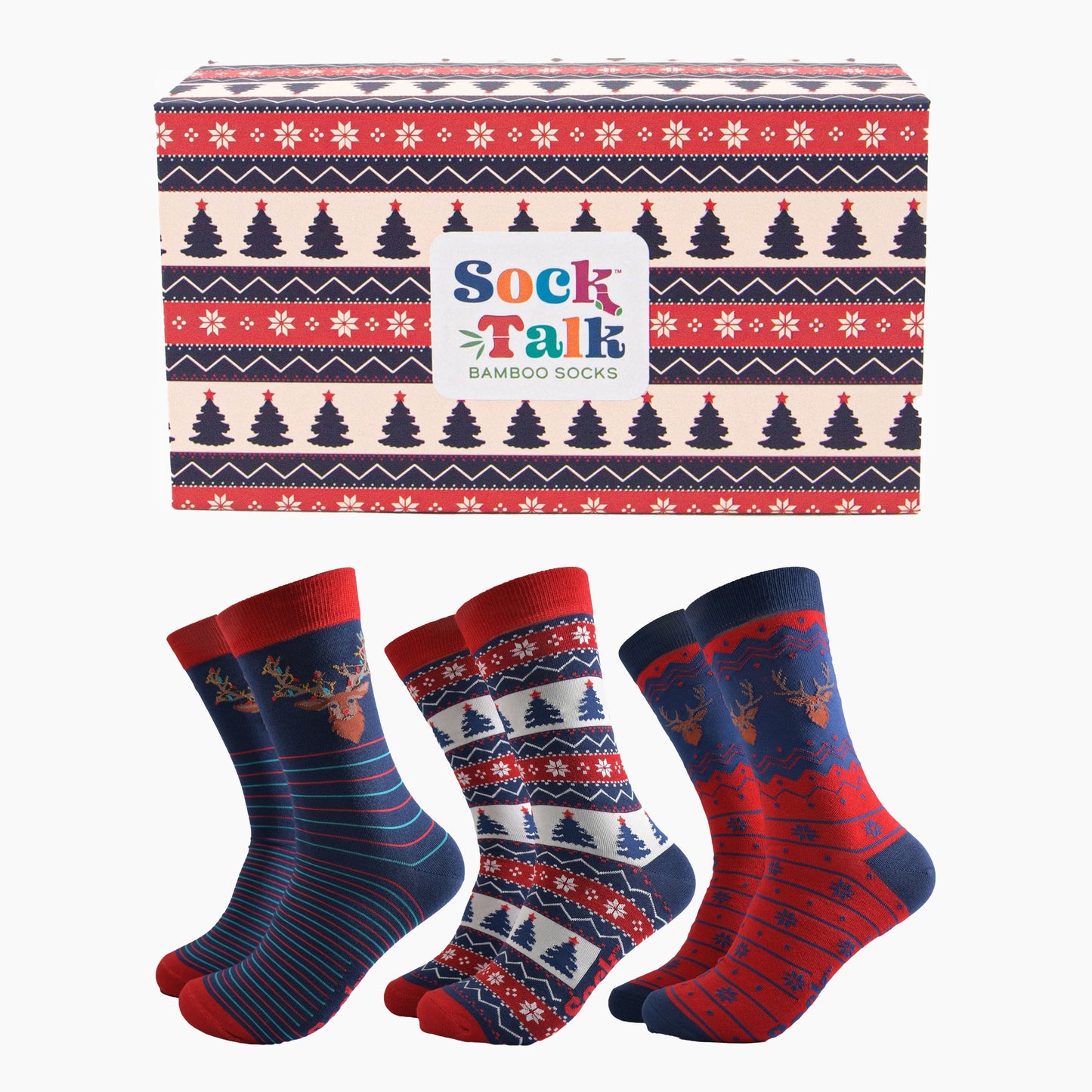 Men's Bamboo Socks Gift Box -Navy Blue/Red, Woodland Stag Christmas