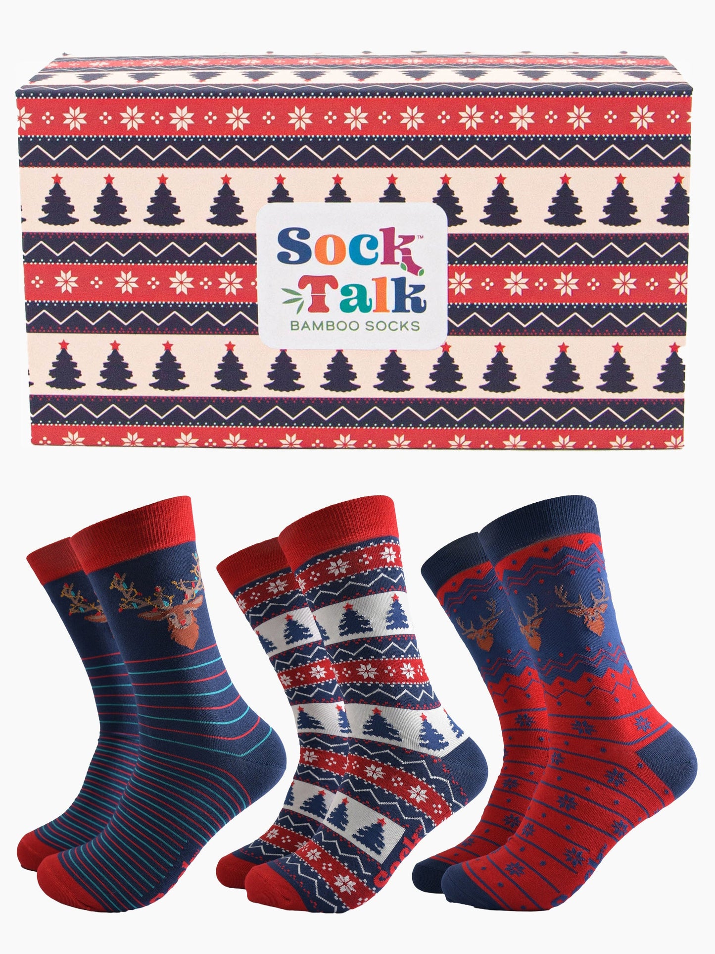 Men's Bamboo Socks Gift Box -Navy Blue/Red, Woodland Stag Christmas