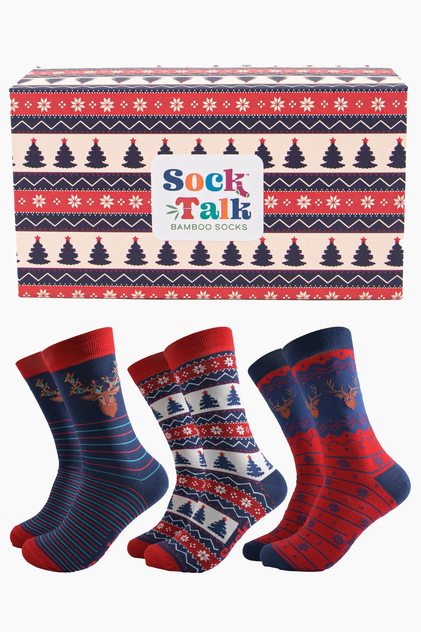 Men's Bamboo Socks Gift Box -Navy Blue/Red, Woodland Stag Christmas