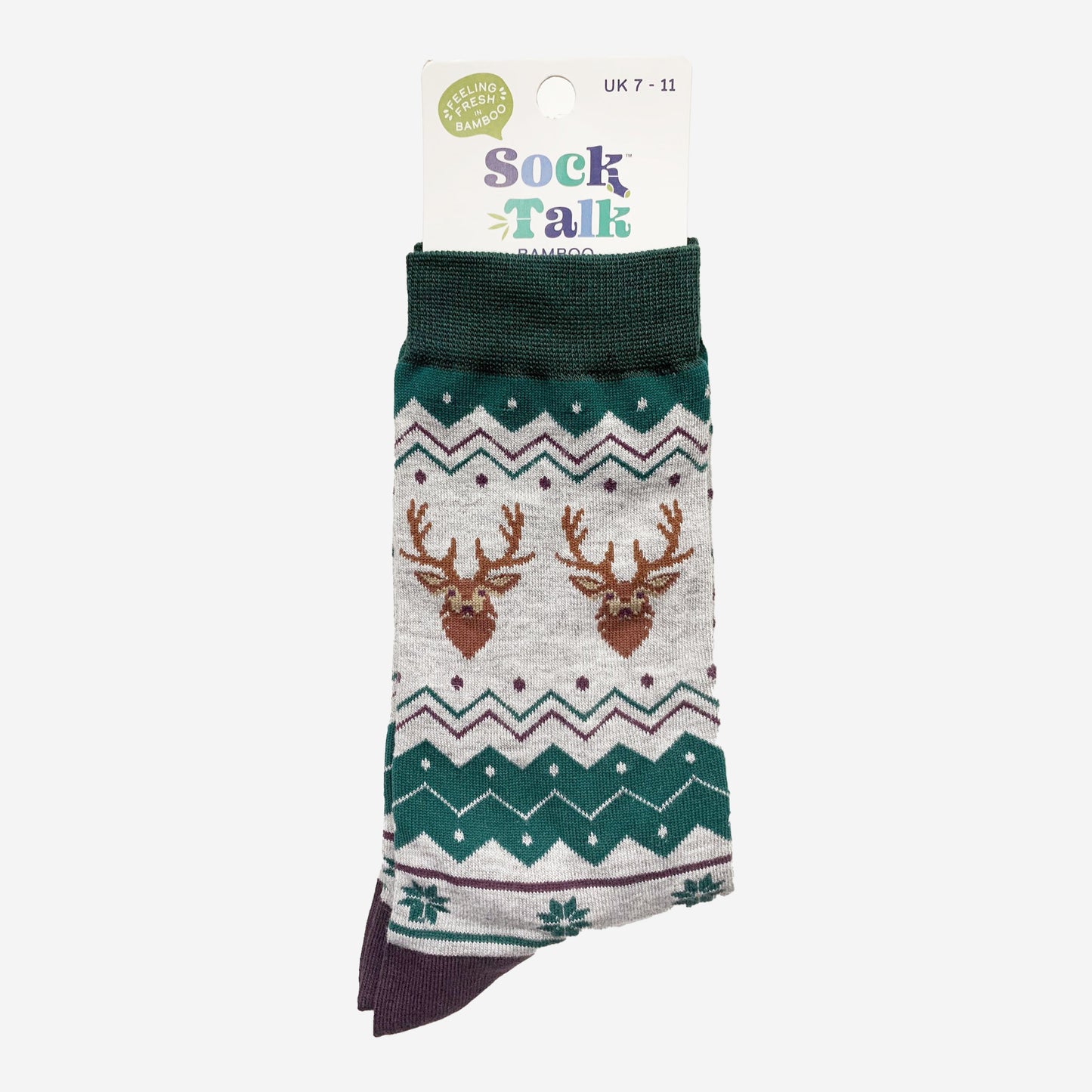 stag and fair isle bamboo socks in their sock talk packaging, these socks are a uk size 7-11