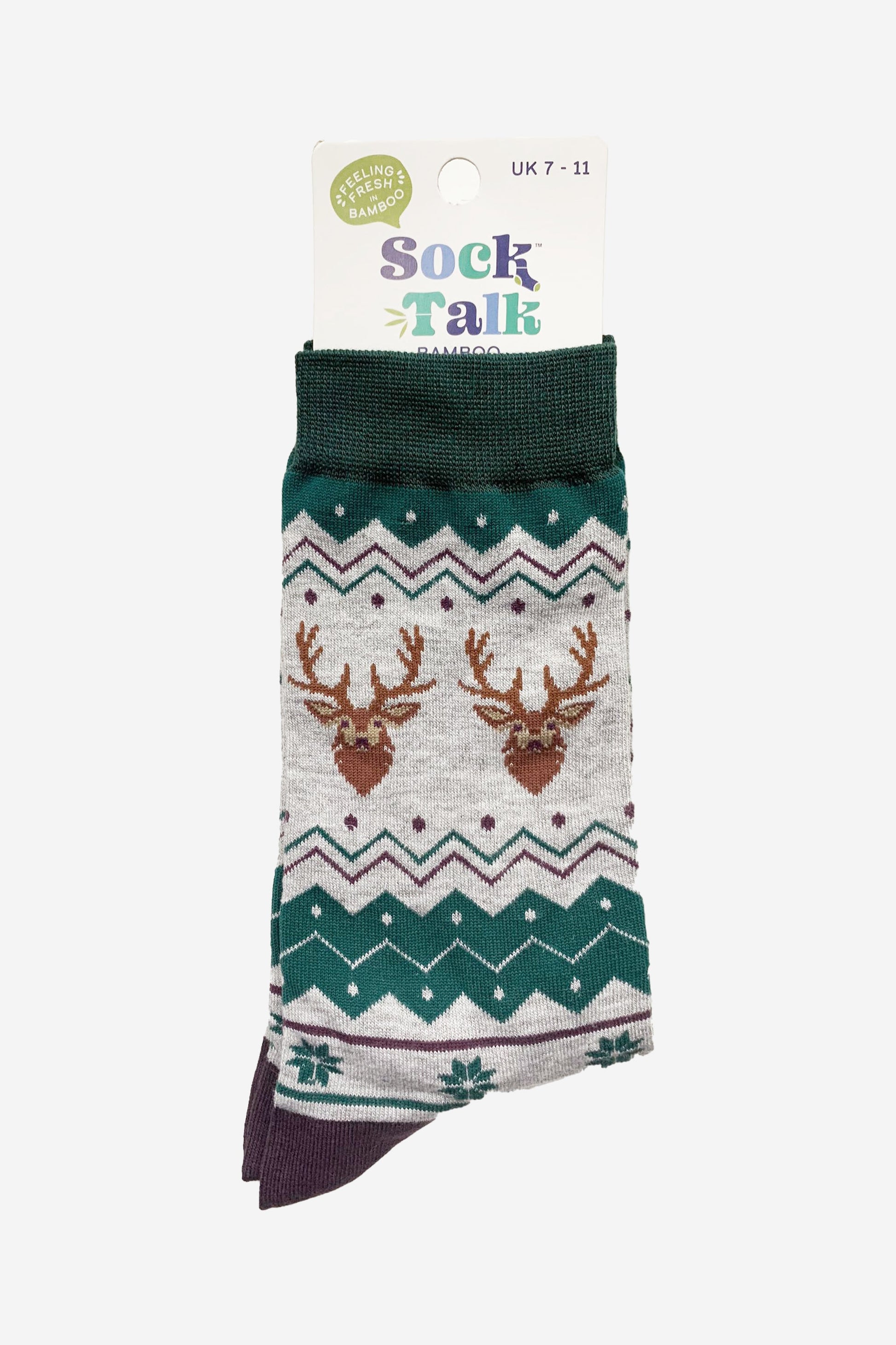 stag and fair isle bamboo socks in their sock talk packaging, these socks are a uk size 7-11