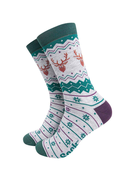 grey and green fair isle style bamboo socks featuring snowflakes and stags
