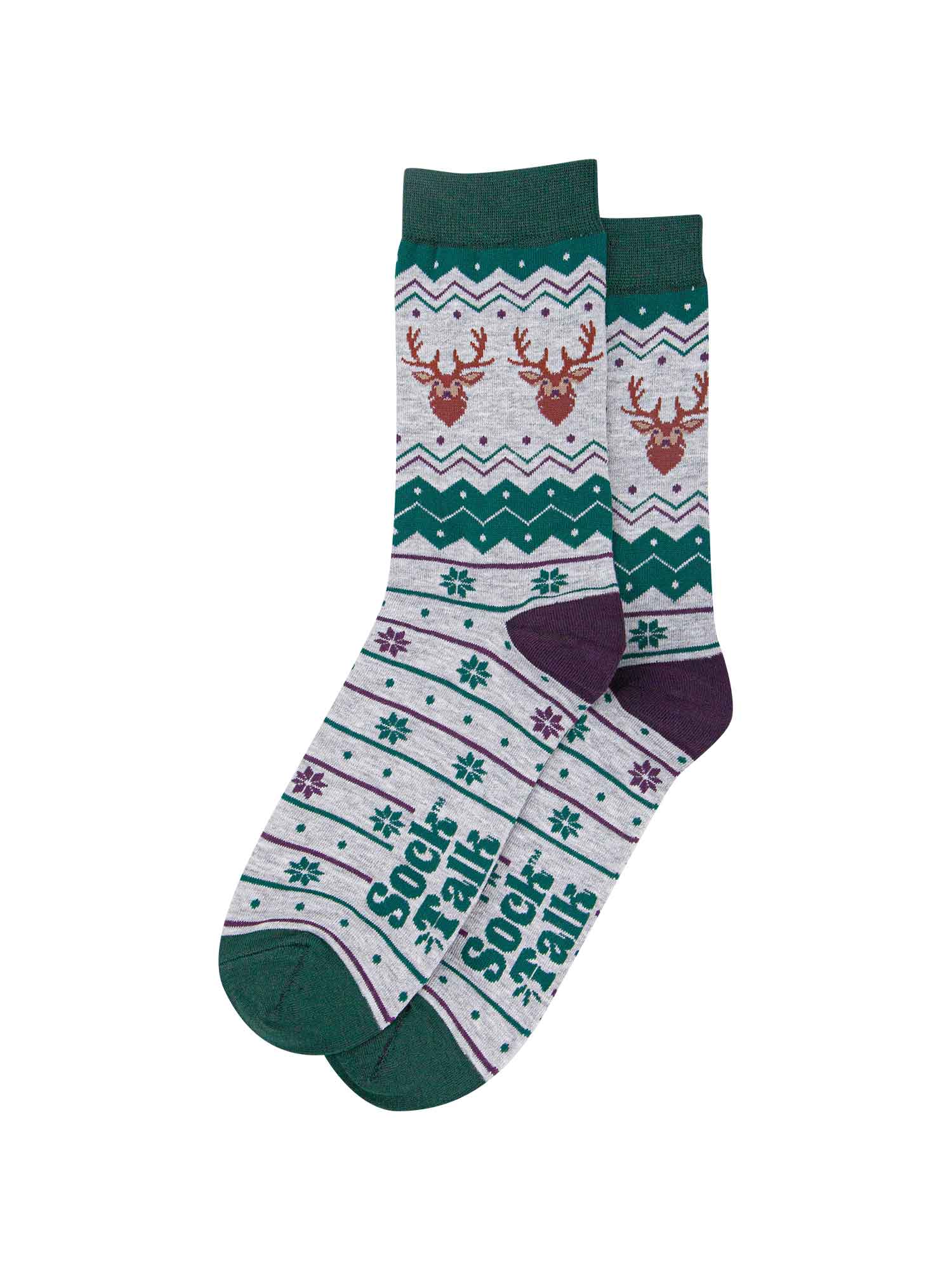 fair isle stag socks laying flat, showing the grey and green fair isle pattern and the two stags heads on each side of the ankles