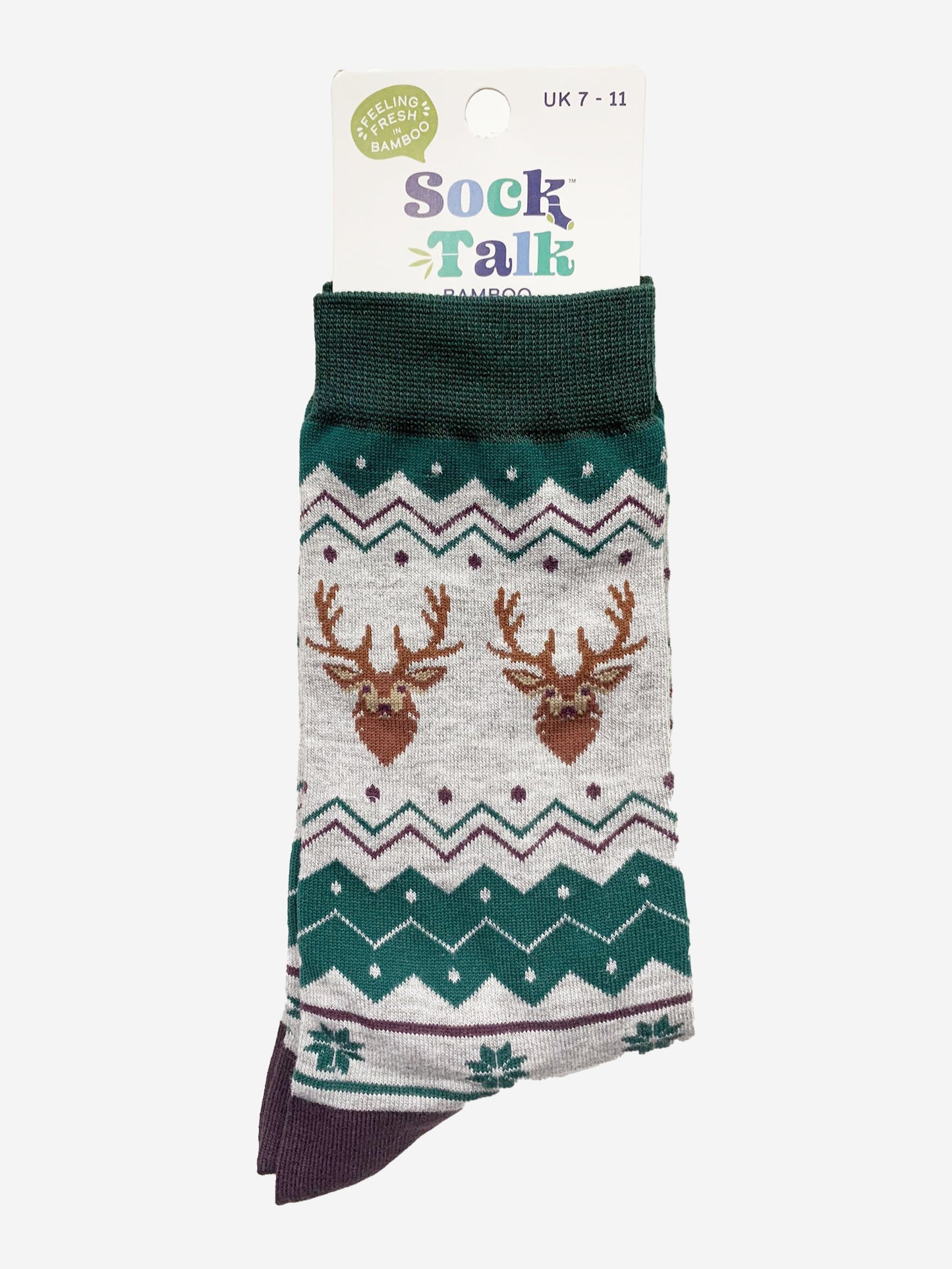 stag and fair isle bamboo socks in their sock talk packaging, these socks are a uk size 7-11