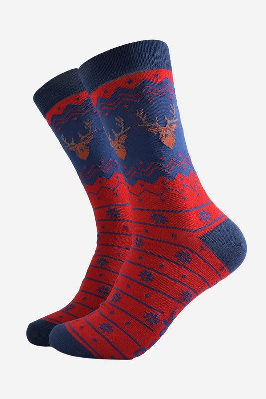 red and navy blue fair isle style bamboo socks featuring snowflakes and stags