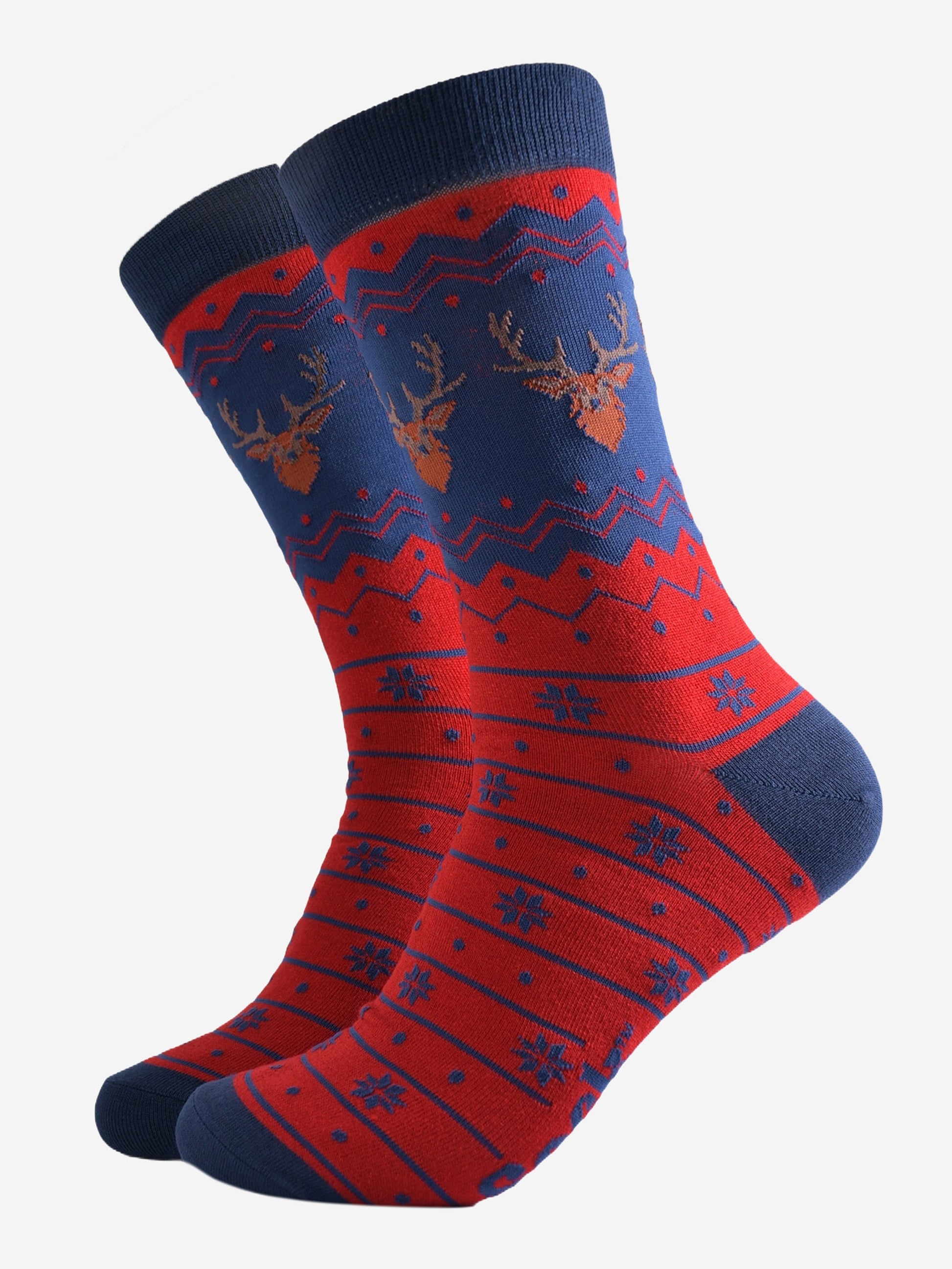red and navy blue fair isle style bamboo socks featuring snowflakes and stags