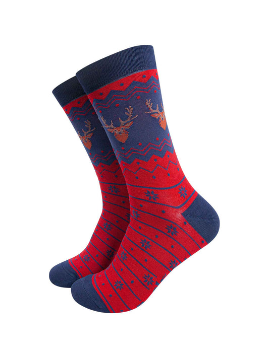 red and navy blue fair isle style bamboo socks featuring snowflakes and stags