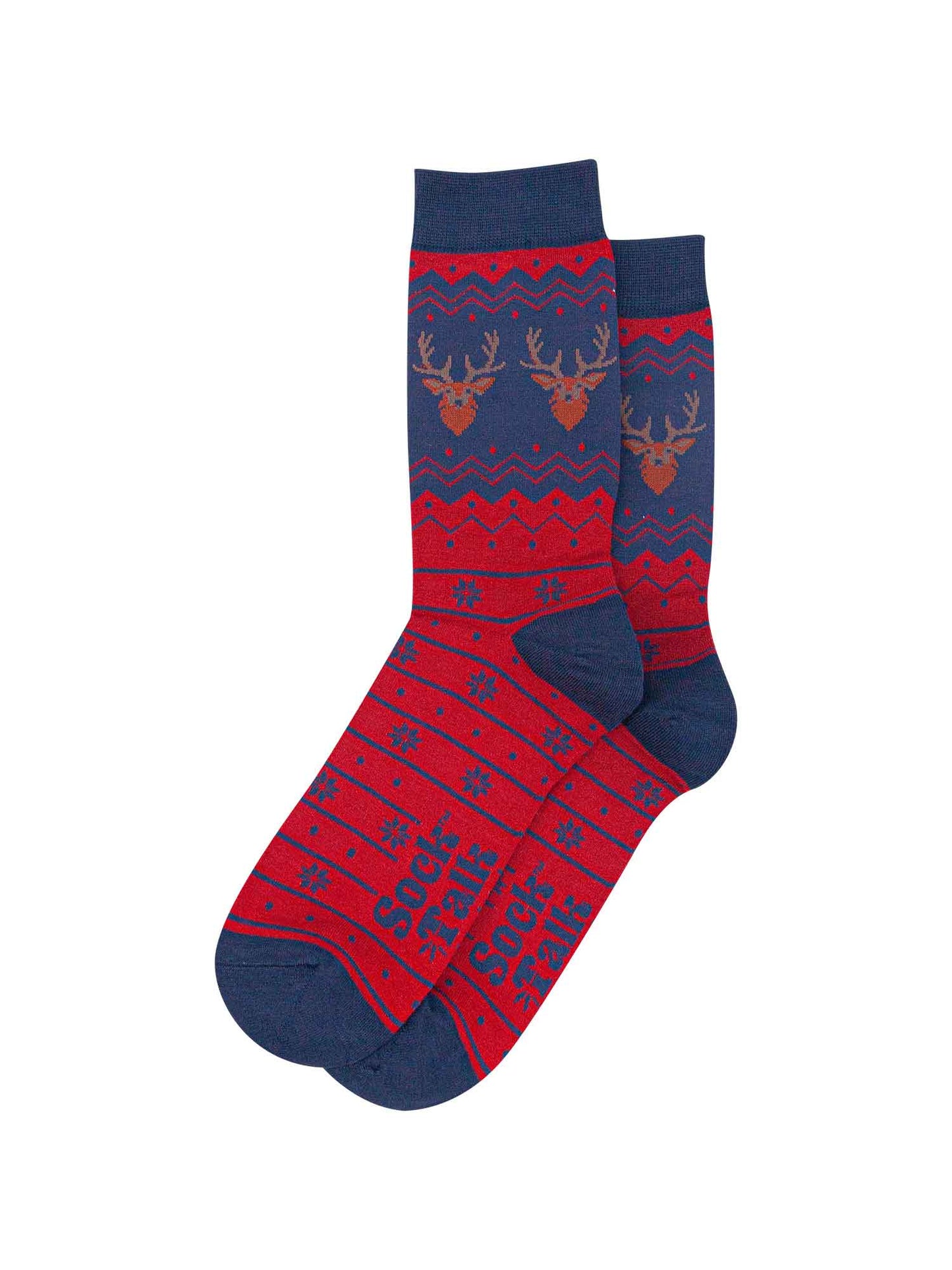 fair isle stag socks laying flat, showing the red and blue fair isle pattern and the two stags heads on each side of the ankles