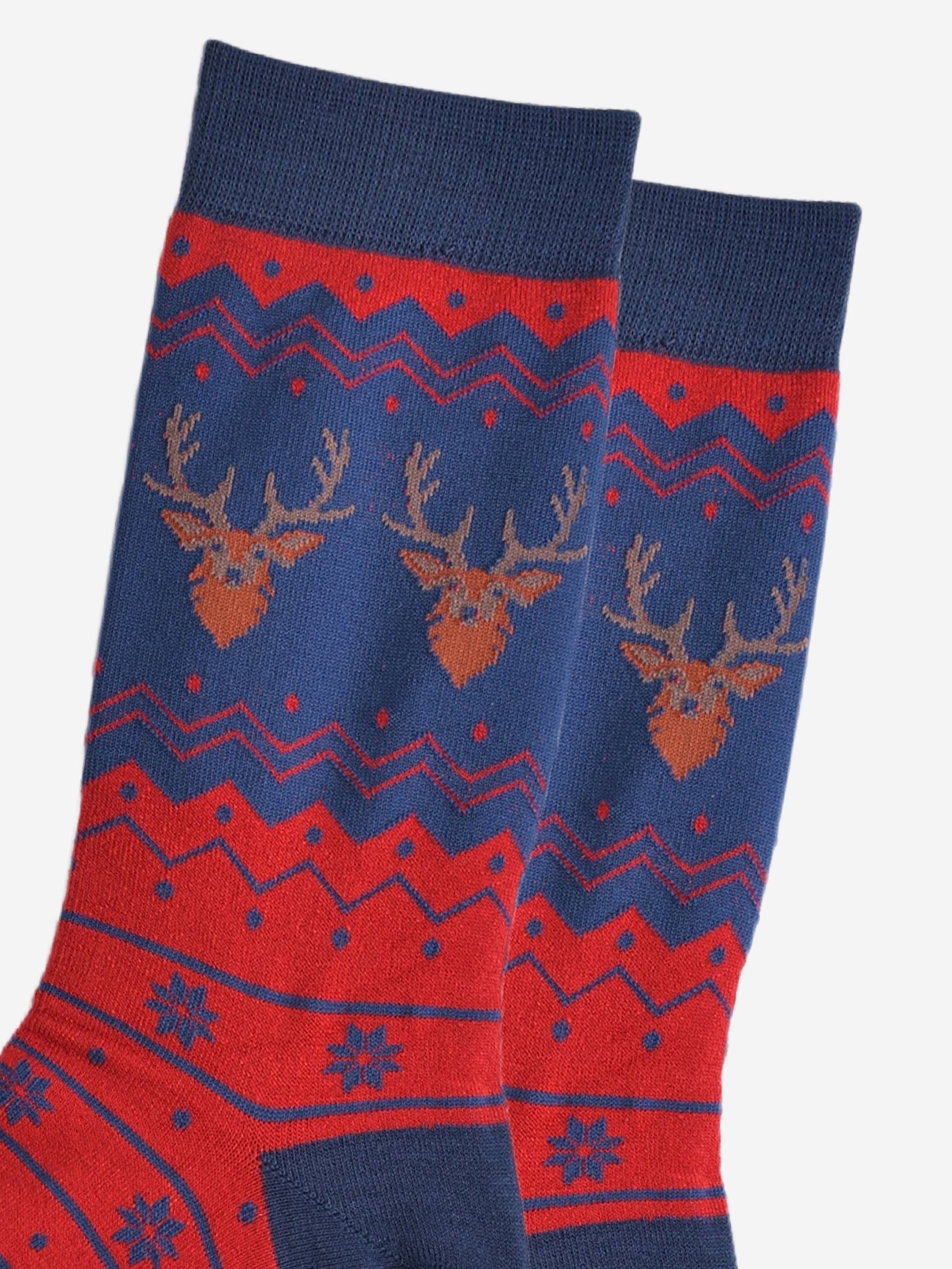 close up of the stag head patterns on the ankles of the socks