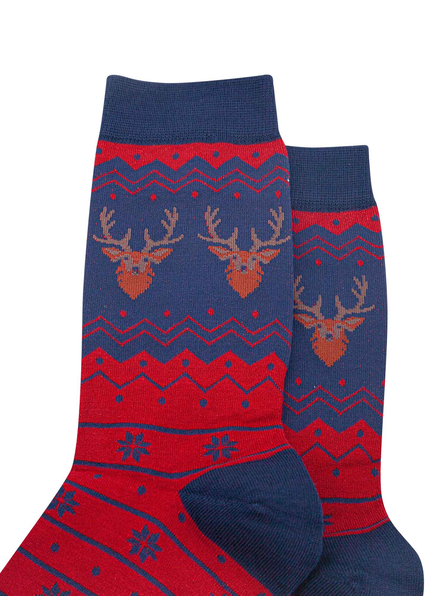 close up of the stag head patterns on the ankles of the socks