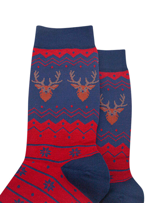 close up of the stag head patterns on the ankles of the socks