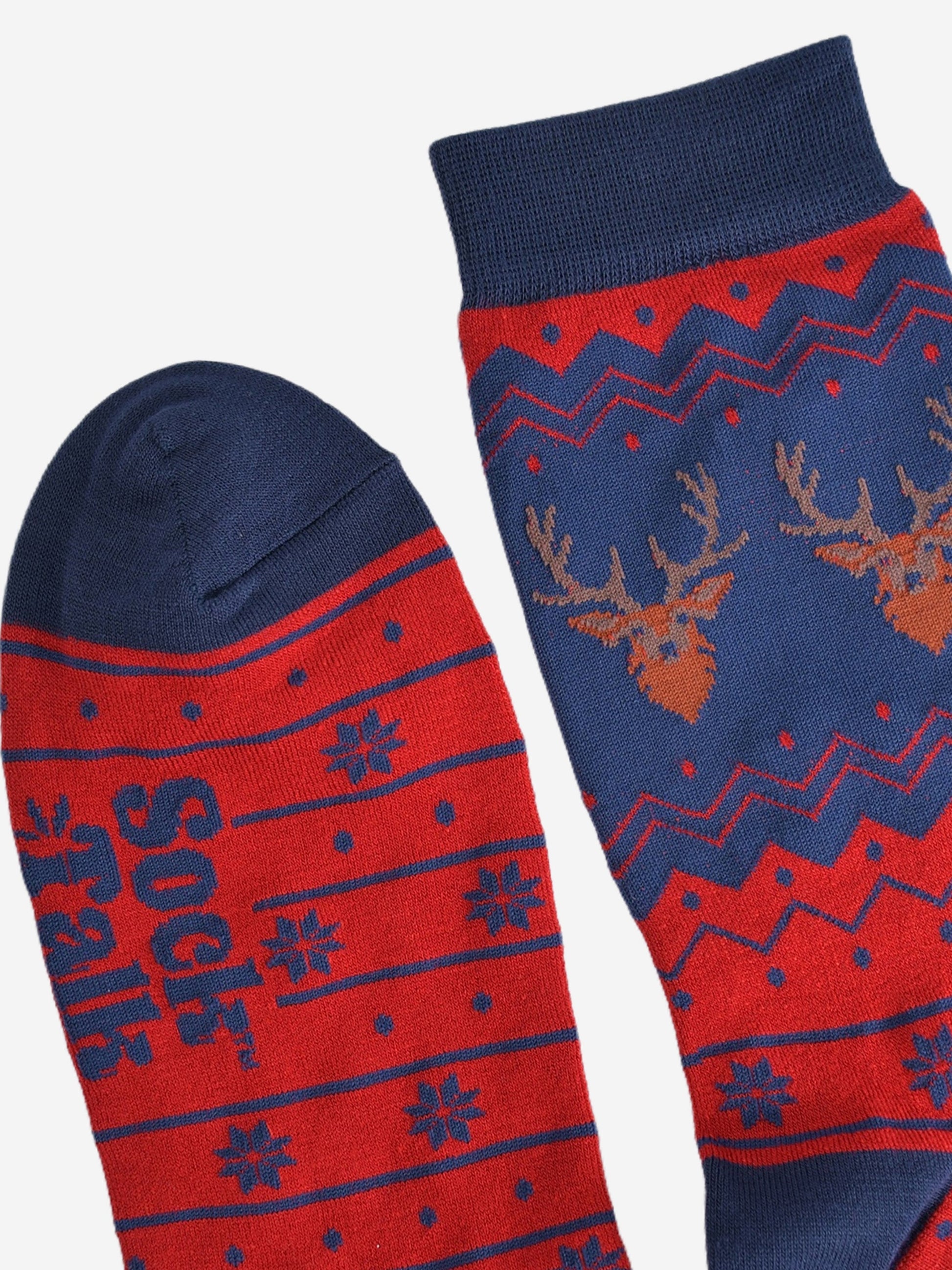 showing the cuff and toe of the socks both are navy blue 