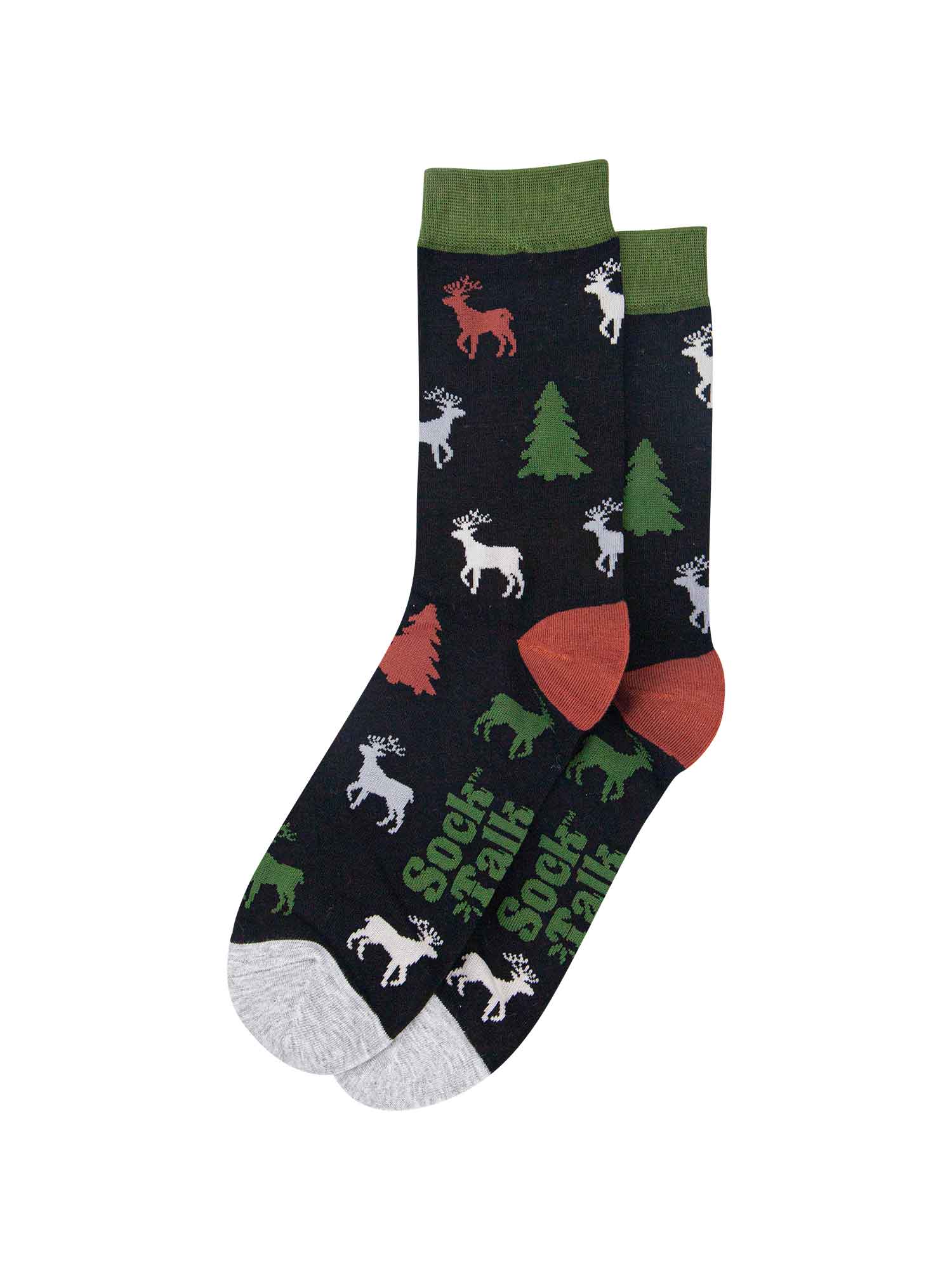 showing the stag and christmas tree socks laying flat, the reindeer are orange, green, grey and white, the trees are green and orange all on a black back ground