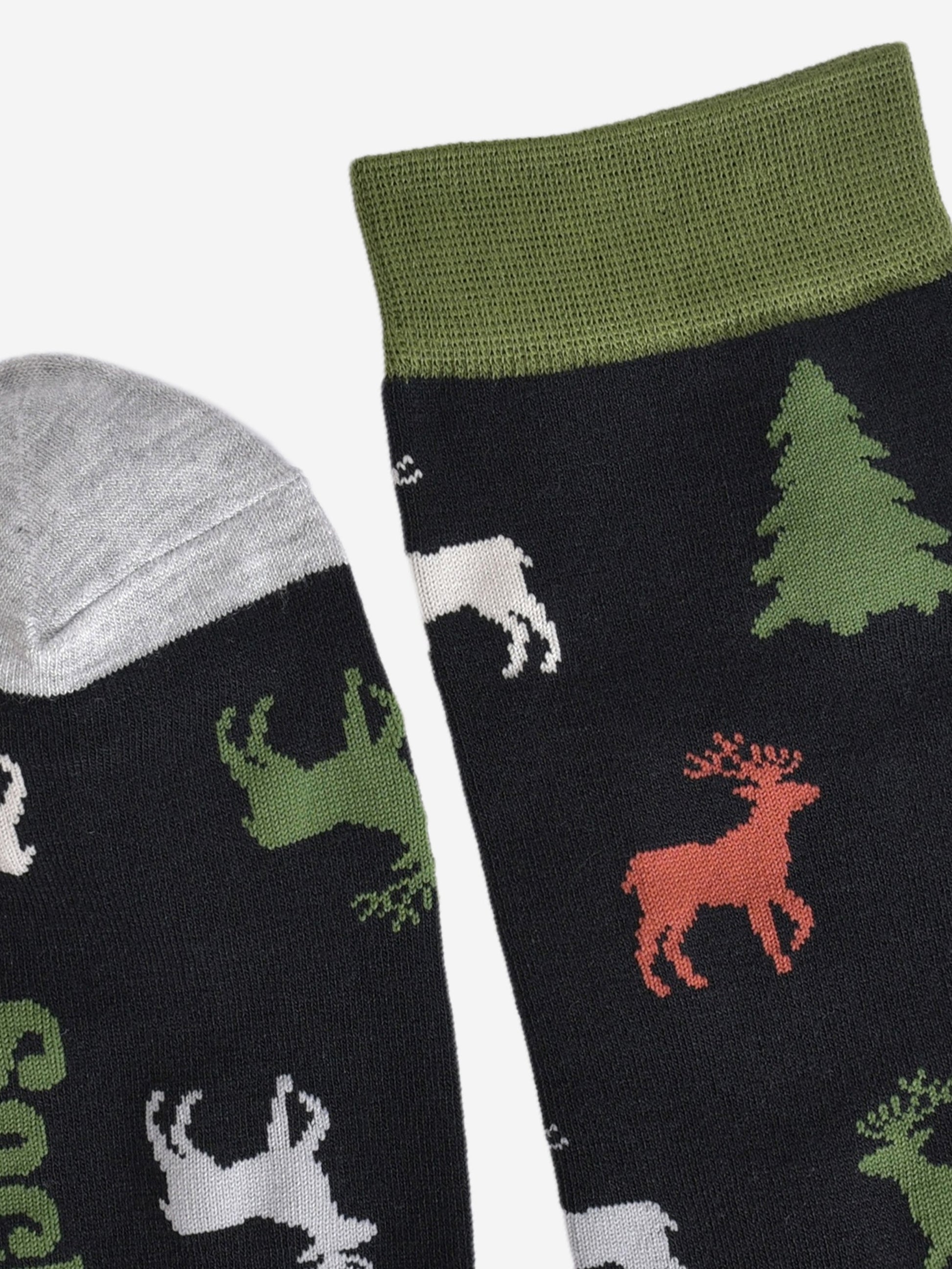 showing the cuff and toe of the socks, the cuff is green, the toe is grey 