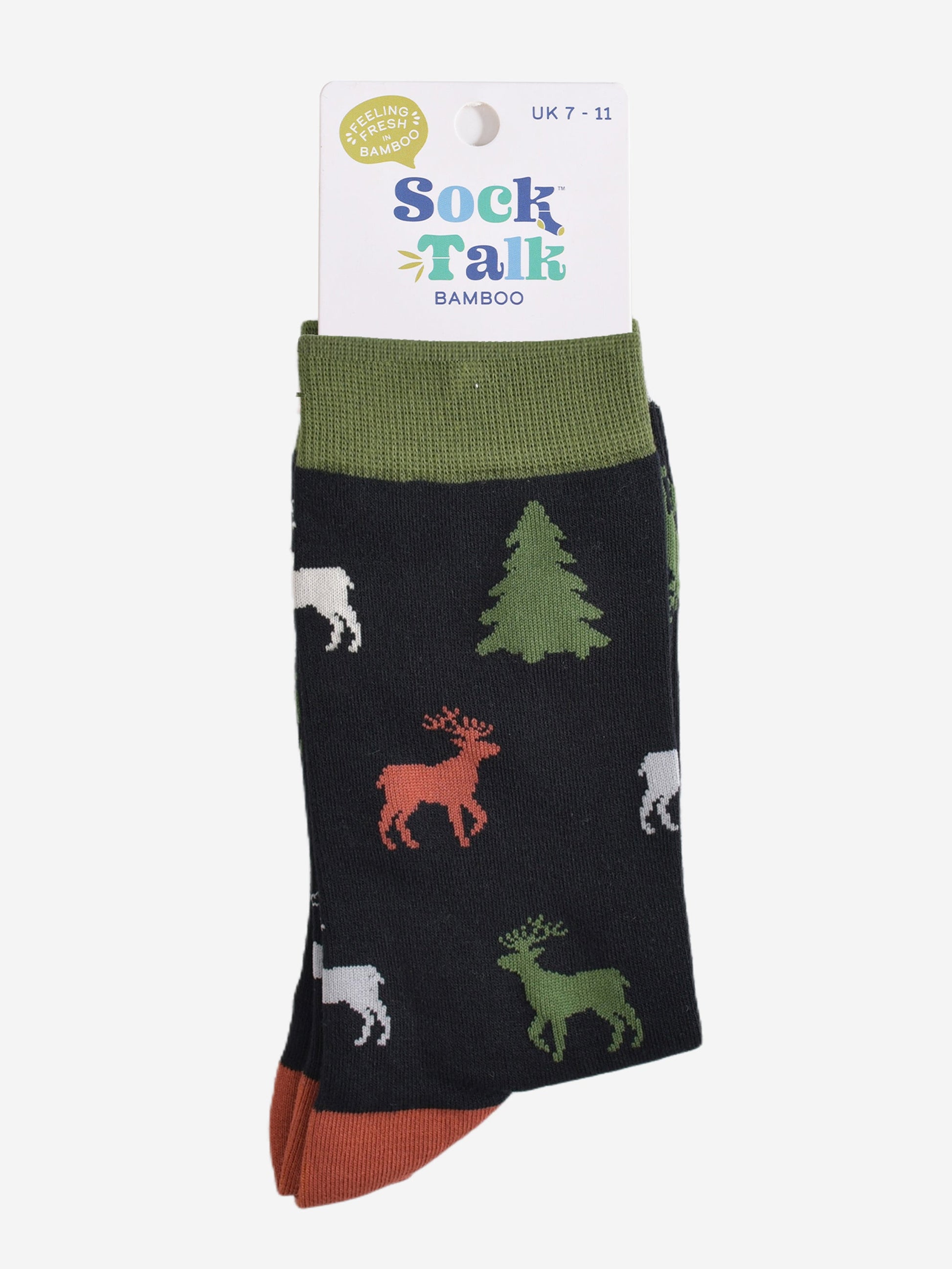 stag and christmas tree bamboo socks in their sock talk packaging, these socks are a uk size 7-11