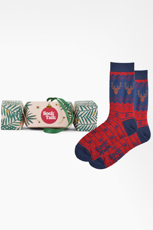 Men's Bamboo Crew Socks Christmas Cracker Gift Box - Red/Navy Blue Stag Fair Isle